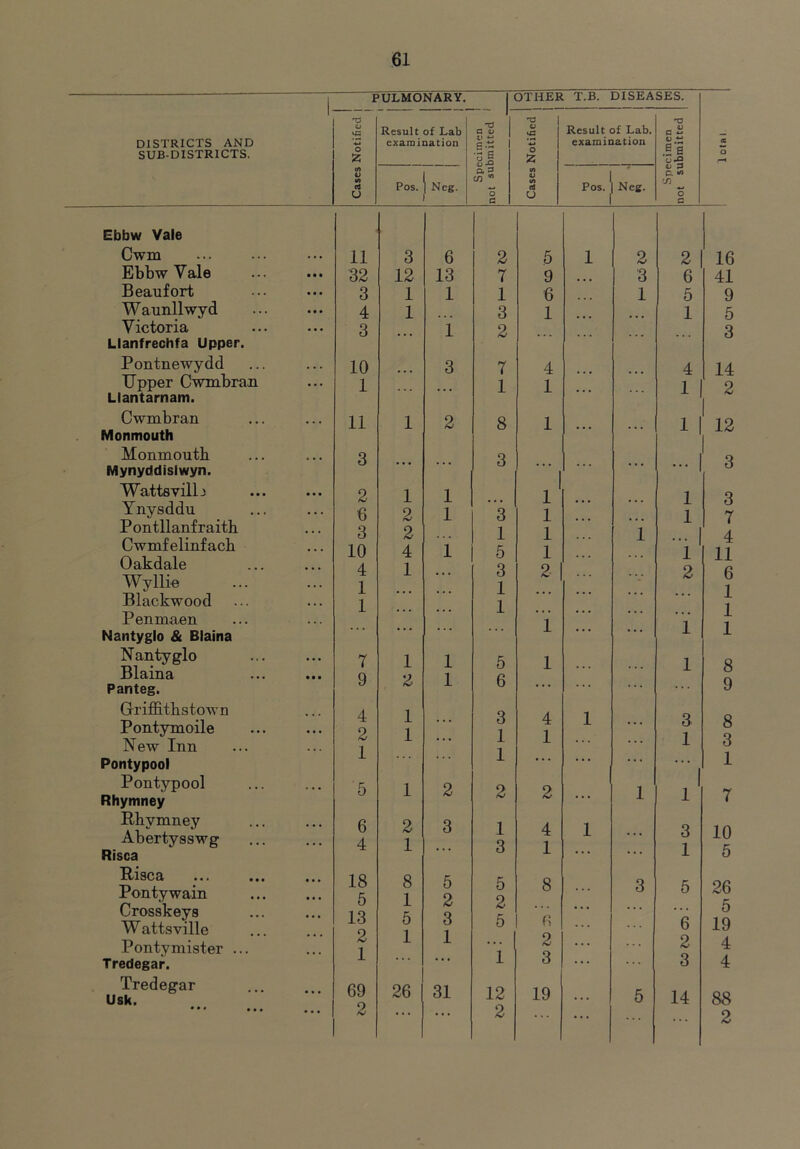 1 PULMONARY. _ 1 OTHER T.B. DISEASES. 'V I 'O O Result of Lab C Result of Lab. c « DISTRICTS AND examination .M examination « SUB-DISTRICTS. Z •ge z .5 s o cn i) M u Pos. 1 Neg. o tn (O U Pos. J Neg. c. 75 O a f a Ebbw Vale Cwm Ebbw Vale Beaufort Waunllwyd Victoria Llanfrechfa Upper. Pontnewydd Upper Cwmbran Llantarnam. Cwmbran Monmouth Monmoutb Mynyddisiwyn. Wattsvilb Ynysddu Pontllanfraitb Cwmfelinfacb Oakdale Wyllie Blackwood Penmaen Nantyglo & Blaina Nantyglo Blaina Panteg. Griffithstown Pontymoile New Inn Pontypool Pontypool Rhymney Rhymney Abertysswg Risca Riaca Ponty wain Crosskeys W attsville Pontymister ... Tredegar. Tredegar Usk. 11 32 3 4 3 10 1 11 2 6 3 10 4 1 1 7 9 4 2 1 5 6 4 18 6 13 2 1 69 2 3 12 1 1 1 2 2 4 1 1 2 1 1 2 1 8 1 5 1 26 6 13 1 2 1 1 1 1 5 2 3 1 31 2 7 1 3 2 7 1 8 3 1 5 3 1 1 5 6 3 1 1 2 1 3 5 2 5 12 2 5 9 6 1 4 1 1 1 1 1 2 4 1 2 4 1 8 6 2 3 19 2 3 1 2 6 5 1 1 1 1 2 3 1 3 1 6 2 3 14 16 41 9 5 3 4 14 I, 3 1 12 3 7 4 11 6 1 1 1 8 9 8 3 1 10 5 26 5 19 4 4 88 2