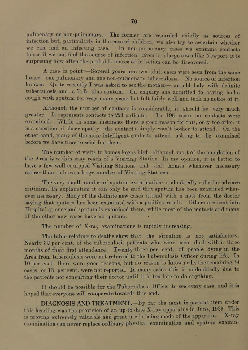 TO pulmonary or non-pulmonary. The former are regarded chiefly as sources of infection but, particularly in the case of children, we also try to ascertain whether we can find an infecting case. In non-pulnionary cases we examine contacts to see if we can find the source of infection. Even in a large town like Newport it is surprising how often the probable source of infection can be discovered. A case in point:—Several years ago two adult cases were seen from the same house—one pulmonary and one non-pulmonai*y tuberculosis. No source of infection known. Quite recently I was asked to see the mother— an old lady with definite tuberculosis and a T.B. plus sputum. On enquiry she admitted to having had a coug’h with sputum for very many years but felt fairly well and took no notice of it. Although the number of contacts is considerable, it should be very much greater. It represents contacts to 224 patients. To 196 cases no contacts were examined. While in some instances there is good reason for this, only too often it is a question of sheer apathy—the contacts simply won’t bother to attend. On the other hand, many of the more intelligent contacts attend, asking to be examined before we have time to send for them. The number of visits to homes keeps high, although most of the population of the Area is within easy reach of a Visiting Station. In my opinion, it is better to have a few well-equipped Visiting Stations and visit homes whenever necessary rather than to have a large number of Visiting Stations. The very small number of sputum examinations undoubtedly calls for adverse criticism. In explanation it can only be said that sputum has been examined wher- ever necessary. Many of the definite new cases attend with a note from the doctor saying that sputum has been examined with a positive result. Others are sent into Hospital at once and sputum is examined there, while most of the contacts and many of the other new cases have no sputum. The number of X-ray examinations is rapidly increasing. The table relating to deaths show that the situation is not satisfactory. Nearly 32 per cent, of the tuberculosis patients who were seen, died within three months of their first attendance. Twenty-three per cent, of people dying in the Area from tuberculosis were not referred to the Tuberculosis Officer during life. In 10 per cent, there were good reasons, but no reason is known why the remaining 39 cases, or 13 per cent, were not reported. In many cases this is undoubtedly due to the patients not consulting their doctor until it is too late to do anything. It should be possible for the Tuberculosis Officer to see every case, and it is hoped that everyone will co-operate towards this end. DIAGNOSIS AND TREATMENT—By far the most important item uader this heading was the provision of an up-to-date X-ray apparatus in June, 1929. This is proving extremely valuable and great use is being made of the apparatus. X-ray examination can never replace ordinary physical examination und sputum examin-