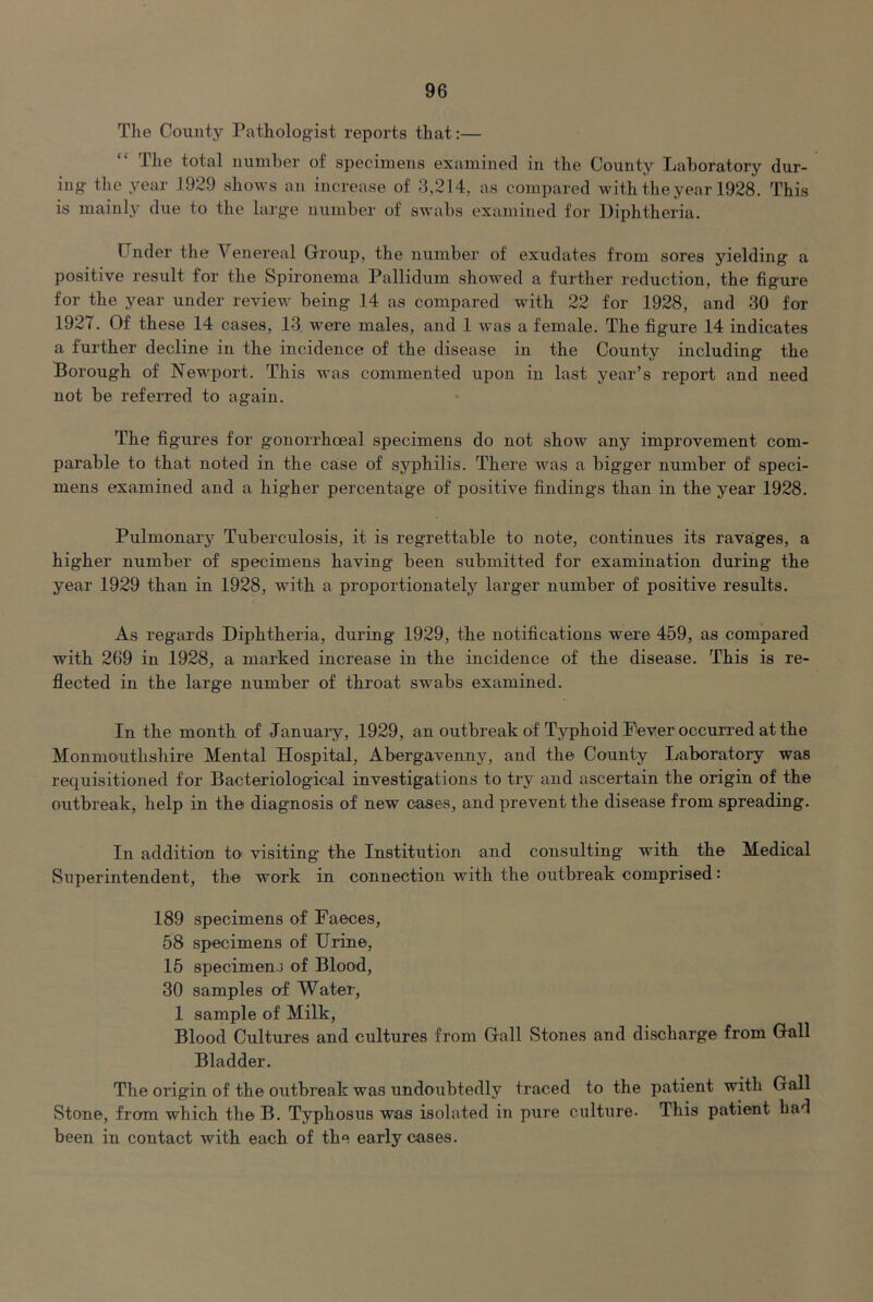 The County Pathologist reports that:— The total niimher of specimens examined in the County Laboratory dur- ing- the year 1929 shows an increase of 3,214, as compared with the year 1928. This is mainly due to the large number of swabs examined for Diphtheria. Under the Venereal Group, the number of exudates from sores yielding a positive result for the Spironema Pallidum showed a further reduction, the figure for the year under review being 14 as compared with 22 for 1928, and 30 for 1927. Of these 14 cases, 13. were males, and 1 was a female. The figure 14 indicates a further decline in the incidence of the disease in the County including the Borough of Newport. This was commented upon in last year’s report and need not be referred to again. The figures for gonorrhoeal specimens do not show any improvement com- parable to that noted in the case of syphilis. There was a bigger number of speci- mens examined and a higher percentage of positive findings than in the year 1928. Pulmonary Tuberculosis, it is regrettable to note, continues its ravages, a higher number of specimens having been submitted for examination during the year 1929 than in 1928, with a proportionately larger number of positive results. As regards Diphtheria, during 1929, the notifications were 459, as compared with 269 in 1928, a marked increase in the incidence of the disease. This is re- flected in the large number of throat swabs examined. In the month of Januaiy, 1929, an outbreak of Typhoid Eever occurred at the Monmouthshire Mental Hospital, Abergavenny, and the County Laboratory was requisitioned for Bacteriological investigations to try and ascertain the origin of the outbreak, help in the diagnosis of new cases, and prevent the disease from spreading. In addition to visiting the Institution and consulting with the Medical Superintendent, the work in connection with the outbreak comprised: 189 specimens of Faeces, 58 specimens of Urine, 15 specimens of Blood, 30 samples of Water, 1 sample of Milk, Blood Cultures and cultures from Gall Stones and discharge from Gall Bladder. The origin of the outbreak was undoubtedly traced to the patient with Gall Stone, from which the B. Typhosus was isolated in pure culture. This patient had been in contact with each of the early cases.