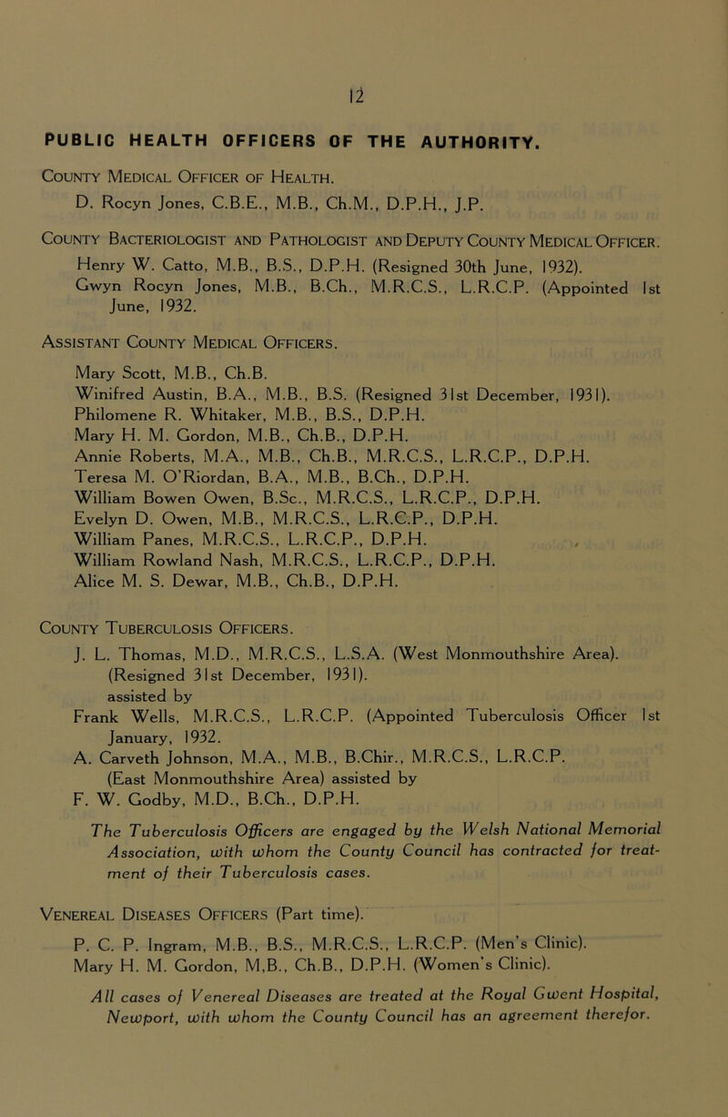 PUBLIC HEALTH OFFICERS OF THE AUTHORITY. County Medical Officer of Health. D, Rocyn Jones, C.B.E., M.B., Ch.M., D.P.H., J.P. County Bacteriologist and Pathologist and Deputy County Medical Officer. Henry W. Catto, M.B., B.S., D.P.H. (Resigned 30th June, 1932). Gwyn Rocyn Jones, M.B., B.Ch., M.R.C.S., L.R.C.P. (Appointed 1st June, 1932. Assistant County Medical Officers. Mary Scott, M.B., Ch.B. Winifred Austin, B.A., M.B., B.S. (Resigned 31st December, 1931). Philomene R. Whitaker, M.B., B.S., D.P.H. Mary H. M. Gordon, M.B., Ch.B., D.P.H. Annie Roberts, M.A., M.B., Ch.B., M.R.C.S., L.R.C.P., D.P.H. Teresa M. O’Riordan, B.A., M.B., B.Ch., D.P.H. William Bowen Owen, B.Sc., M.R.C.S., L.R.C.P., D.P.H. Evelyn D. Owen, M.B., M.R.C.S., L.R.C.P., D.P.H. William Panes, M.R.C.S., L.R.C.P., D.P.H. William Rowland Nash, M.R.C.S., L.R.C.P., D.P.H, Alice M. S. Dewar, M.B., Ch.B., D.P.H. County Tuberculosis Officers. J. L. Thomas, M.D., M.R.C.S., L.S.A. (West Monmouthshire Area). (Resigned 31st December, 1931). assisted by Frank Wells, M.R.C.S., L.R.C.P. (Appointed Tuberculosis Officer 1st January, 1932. A. Carveth Johnson, M.A., M.B., B.Chir., M.R.C.S., L.R.C.P. (East Monmouthshire Area) assisted by F. W. Godby, M.D., B.Ch., D.P.H. The Tuberculosis Officers are engaged by the Welsh National Memorial Association, with whom the County Council has contracted for treat- ment of their Tuberculosis cases. Venereal Diseases Officers (Part time). P. C. P. Ingram, M.B., B.S., M.R.C.S., L.R.C.P. (Men’s Clinic). Mary H. M. Gordon, M,B., Ch.B., D.P.H. (Women’s Clinic). All cases of Venereal Diseases are treated at the Royal Gwent Hospital, Newport, with whom the County Council has an agreement therefor.