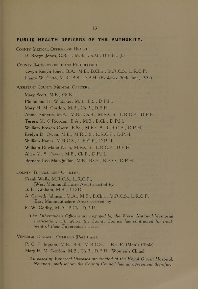 PUBLIC HEALTH OFFICERS OF THE AUTHORITY. County Medical Officer of Health. D. Rocyn Jones, C.B.E., M.B.. Ch.M., D.P.H., j.P. County Bacteriologist and Pathologist. Gwyn Rocyn Jones, B.A., M.B., B.Chir., M.R.C.S., L.R.C.P. Henry W. Catto, M.B., B.S., D.P.H. (Resigned 30th June, 1932). Assistant County Medical Officers. Mary Scott, M.B., Ch.B. Philomene R. Whitaker, M.B., B.S., D.P.H. Mary H. M. Gordon, M.B., Ch.B., D.P.H. Annie Roberts, M.A., M.B., Ch.B., M.R.C.S., L.R.C.P., D.P.H. Teresa M. O’Riordan, B.A., M.B., B.Ch., D.P.H. William Bowen Owen, B.Sc., M.R.C.S., L.R.C.P., D.P.H, Evelyn D. Owen, M.B., M.R.C.S., L.R.C.P., D.P.H. William Panes, M.R.C.S., L.R.C.P., D.P.H. William Rowland Nash, M.R.C.S., L.R.C.P., D.P.H. Alice M. S. Dewar, M.B., Ch.B., D.P.H. Bernard Leo MacQuillan, M.B., B.Ch., B.A.O., D.P.H. County Tuberculosis Officers. Frank Wells, M.R.C.S., L.R.C.P., (West Monmouthshsire Area) assisted by S. H. Graham, M.B., T.D.D. A. Carveth Johnson, M.A., M.B., B.Chir., M.R.C.S., L.R.C.P. (East Monmouthshire Area) assisted by F. W. Godby, M.D., B.Ch., D.P.H. The Tuberculosis Officers are engaged by the Welsh National Memorial Association, with whom the County Council has contracted for treat- ment of their Tuberculosis cases. Venereal Diseases Officers (Part time). P. C. P. Ingram, M.B., B.S., M.R.C.S., L.R.C.P. (Men’s Clinic). Mary H. M. Gordon, M,B., Ch.B., D.P.H. (Women’s Clinic). All cases of Venereal Diseases are treated at the Royal Gwent Hospital, Newport, with whom the County Council has an agreement therefor.