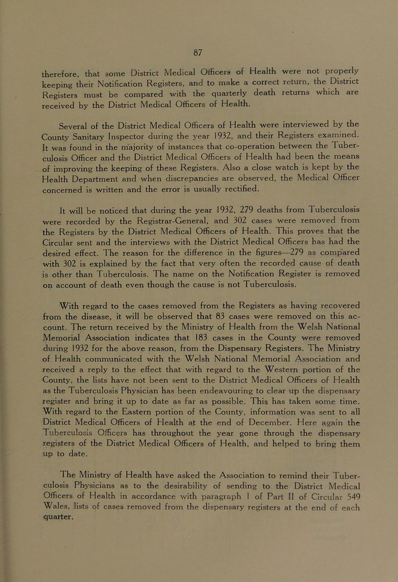 therefore, that some District Medical Officers of Health were not propedy keeping their Notification Registers, and to make a correct return, the District Registers must be compared with the quarterly death returns which are received by the District Medical Officers of Health. Several of the District Medical Officers of Health were interviewed by the County Sanitary Inspector during the year 1932, and their Registers examined. It was found in the majority of instances that co-operation between the Tuber- culosis Officer and the District Medical Officers of Health had been the means of Improving the keeping of these Registers. Also a close watch is kept by the Health Department and when discrepancies are observed, the Medical Officer concerned is written and the error is usually rectified. It will be noticed that during the year 1932, 279 deaths from Tuberculosis were recorded by the Registrar-General, and 302 cases were removed from the Registers by the District Medical Officers of Health. This proves that the Circular sent and the interviews with the District Medical Officers has had the desired effect. The reason for the difference in the figures—279 as compared with 302 is explained by the fact that very often the recorded cause of death is other than Tuberculosis. The name on the Notification Register is removed on account of death even though the cause is not Tuberculosis. With regard to the cases removed from the Registers as having recovered from the disease, it will be observed that 83 cases were removed on this ac- count. The return received by the Ministry of Health from the Welsh National Memorial Association indicates that 183 cases in the County were removed during 1932 for the above reason, from the Dispensary Registers. The Ministry of Health communicated with the Welsh National Memorial Association and received a reply to the effect that with regard to the Western portion of the County, the lists have not been sent to the District Medical Officers of Health as the Tuberculosis Physician has been endeavouring to clear up the dispensary register and bring it up to date as far as possible. This has taken some time. With regard to the Eastern portion of the County, information was sent to all District Medical Officers of Health at the end of December. Here again the Tuberculosis Officers has throughout the year gone through the dispensary registers of the District Medical Officers of Health, and helped to bring them up to date. The Ministry of Health have asked the Association to remind their Tuber- culosis Physicians as to the desirability of sending to the District Medical Officers of Health in accordance with paragraph 1 of Part 11 of Circular 549 Wales, lists of cases removed from the dispensary registers at the end of each quarter.
