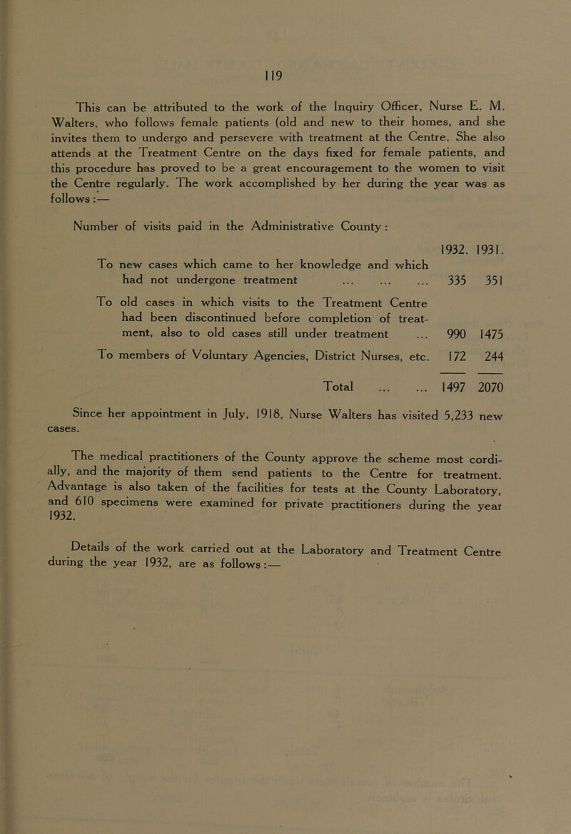 This can be attributed to the work of the Inquiry Officer, Nurse E. M. Walters, who follows female patients (old and new to their homes, and she invites them to undergo and persevere with treatment at the Centre. She also attends at the Treatment Centre on the days fixed for female patients, and this procedure has proved to be a great encouragement to the women to visit the Centre regularly. The work accomplished by her during the year was as follows :— Number of visits paid in the Administrative County : 1932. 1931. To new cases which came to her knowledge and which had not undergone treatment 335 351 To old cases in which visits to the Treatment Centre had been discontinued before completion of treat- ment, also to old cases still under treatment 990 1475 To members of Voluntary Agencies, District Nurses, etc. 172 244 Total 1497 2070 Since her appointment in July, 1918, Nurse Walters has visited 5,233 new cases. The medical practitioners of the County approve the scheme most cordi- ally, and the majority of them send patients to the Centre for treatment. Advantage is also taken of the facilities for tests at the County Laboratory, and 610 specimens were examined for private practitioners during the year 1932. Details of the work carried out at the Laboratory and Treatment Centre during the year 1932, are as follows:—