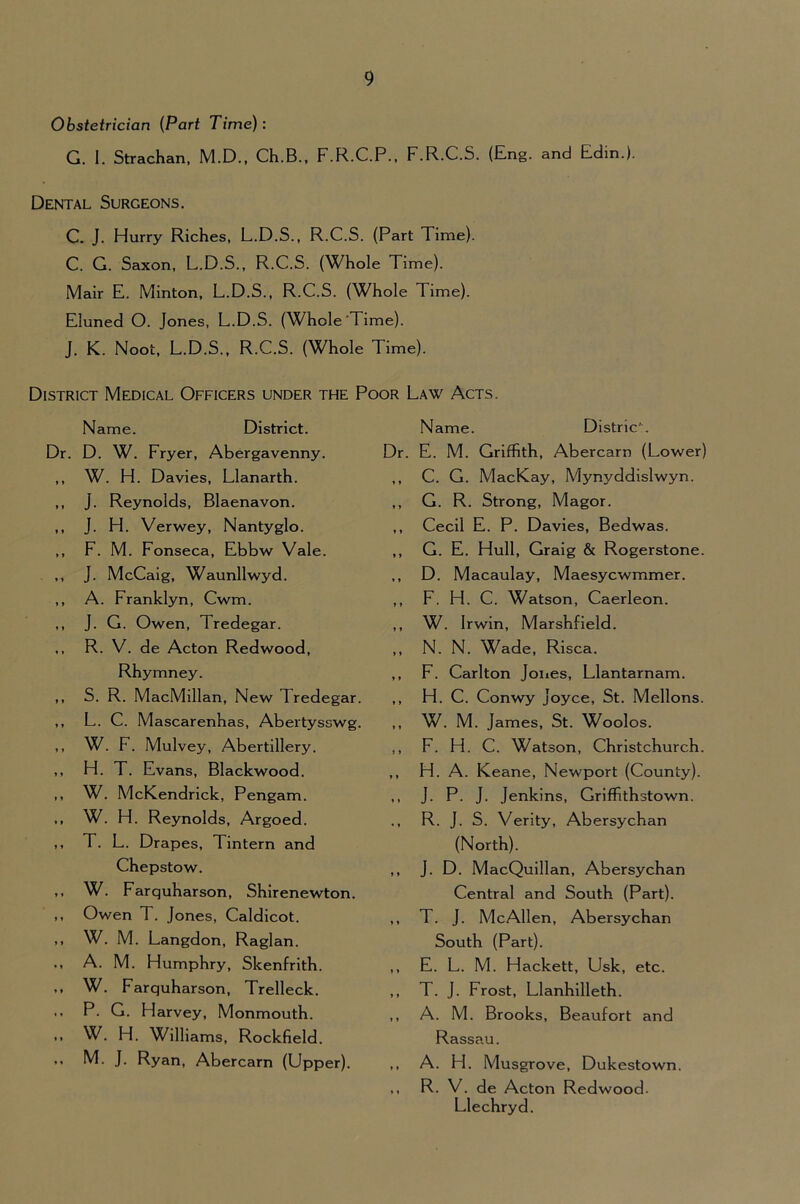 Obstetrician {Part Time): G. 1. Strachan, M.D., Ch.B., F.R.C.P., F.R.C.S. (Eng. and Edin.). Dental Surgeons. C. J. Hurry Riches, L.D.S., R.C.S. (Part Time). C. G. Saxon, L.D.S., R.C.S. (Whole Time). Mair E. Minton, L.D.S., R.C.S. (Whole Time). Eluned O. Jones, L.D.S. (Whole’Time). J. K. Noot, L.D.S., R.C.S. (Whole Time). District Medical Officers under the Poor Law Acts. Name. District. Dr. D. W. Fryer, Abergavenny. ,, W. H. Davies, Llanarth. ,, J. Reynolds, Blaenavon. ,, J. H. Verwey, Nantyglo. ,, F. M. Fonseca, Ebbw Vale. ,, J. McCaig, Waunllwyd. ,, A. Franklyn, Cwm. ,, J. G. Owen, Tredegar. ., R. V. de Acton Redwood, Rhymney. ,, S. R. MacMillan, New Tredegar. ,, L. C. Mascarenhas, Abertysswg. ,, W. F. Mulvey, Abertillery. ,, H. T. Evans, Blackwood. ,, W. McKendrick, Pengam. ,, W. H. Reynolds, Argoed. ,, T. L. Drapes, Tintern and Chepstow. ,, W. Farquharson, Shirenewton. ,, Owen T. Jones, Caldicot. ,, W. M. Langdon, Raglan. A. M. Humphry, Skenfrith. ., W. Farquharson, Trelleck. .. P. G. Harvey, Monmouth. ,, W. H. Williams, Rockfield. ,, M. J. Ryan, Abercarn (Upper). Name. Distric. Dr. E. M. Griffith, Abercarn (Lower) ,, C. G. MacKay, Mynyddislwyn. ,, G. R. Strong, Magor. ,, Cecil E. P. Davies, Bedwas. ,, G. E. Hull, Graig & Rogerstone. ,, D. Macaulay, Maesycwmmer. ,, F. H. C. Watson, Caerleon. ,, W. Irwin, Marshfield. ,, N. N. Wade, Risca. ,, F. Carlton Joiies, Llantarnam. ,, H. C. Conwy Joyce, St. Mellons. ,, W. M. James, St. Woolos. ,, F. H. C. Watson, Christchurch. ,, H. A. Keane, Newport (County). ,, J. P. J. Jenkins, Grlffithstown. R. J. S. Verity, Abersychan (North). ,, J. D. MacQuillan, Abersychan Central and South (Part). ,, T. J. McAllen, Abersychan South (Part). ,, E. L. M. Hackett, Usk, etc. ,, T. J. Frost, Llanhllleth. ,, A. M. Brooks, Beaufort and Rassau. ,, A. H. Musgrove, Dukestown. ,, R. V. de Acton Redwood. Llechryd.