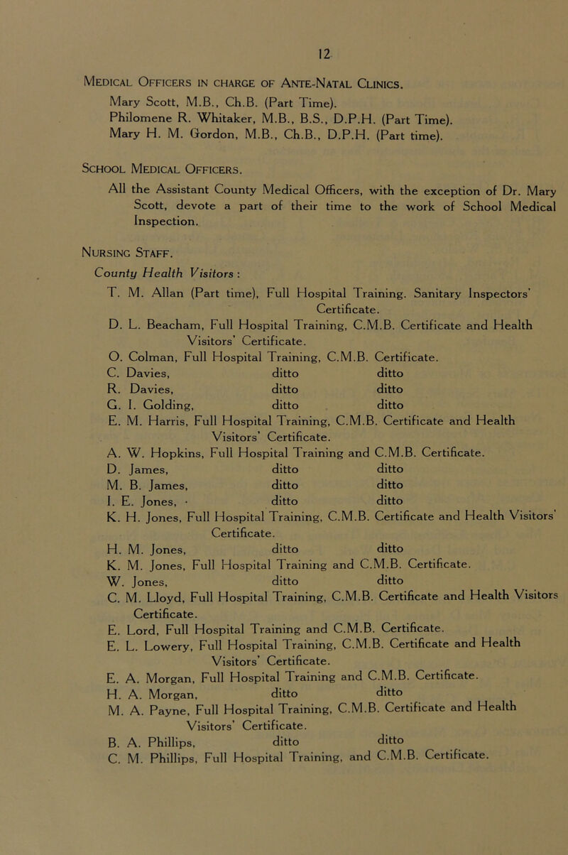 Medical Officers in charge of Ante-Natal Clinics. Mary Scott, M.B., Ch.B. (Part Time). Philomene R. Whitaker, M.B., B.S., D.P.H. (Part Time). Mary H. M. Gordon, M.B., Ch.B., D.P.H. (Part time). School Medical Officers. All the Assistant County Medical Officers, with the exception of Dr. Mary Scott, devote a part of their time to the work of School Medical Inspection. Nursing Staff. County Health Visitors: T. M. Allan (Part time). Full Hospital Training. Sanitary Inspectors’ Certificate. D. L. Beacham, Full Hospital Training, C.M.B. Certificate and Health Visitors’ Certificate. O. Colman, Full Hospital Training, C.M.B. Certificate. C. Davies, ditto ditto R. Davies, ditto ditto G. 1. Golding, ditto ditto E. M. Harris, Full Hospital Training, C.M.B. Certificate and Health Visitors’ Certificate. A. W. Hopkins, Full Hospital Training and C.M.B. Certificate. D. James, ditto ditto M. B. James, ditto ditto 1. E. Jones, • ditto ditto K. H. Jones, Full Hospital Training, C.M.B. Certificate and Health Visitors’ Certificate. H. M. Jones, ditto ditto K. M. Jones, Full Hospital Training and C.M.B. Certificate. W. Jones, ditto ditto C. M. Lloyd, Full Hospital Training, C.M.B. Certificate and Health Visitors Certificate. E. Lord, Full Hospital Training and C.M.B. Certificate. E. L. Lowery, Full Hospital Training, C.M.B. Certificate and Health Visitors’ Certificate. E. A. Morgan, Full Hospital Training and C.M.B. Certificate. H. A. Morgan, ditto ditto M. A. Payne, Full Hospital Training, C.M.B. Certificate and Health Visitors’ Certificate. B. A. Phillips, ditto ditto C. M. Phillips, Full Hospital Training, and C.M.B. Certificate.