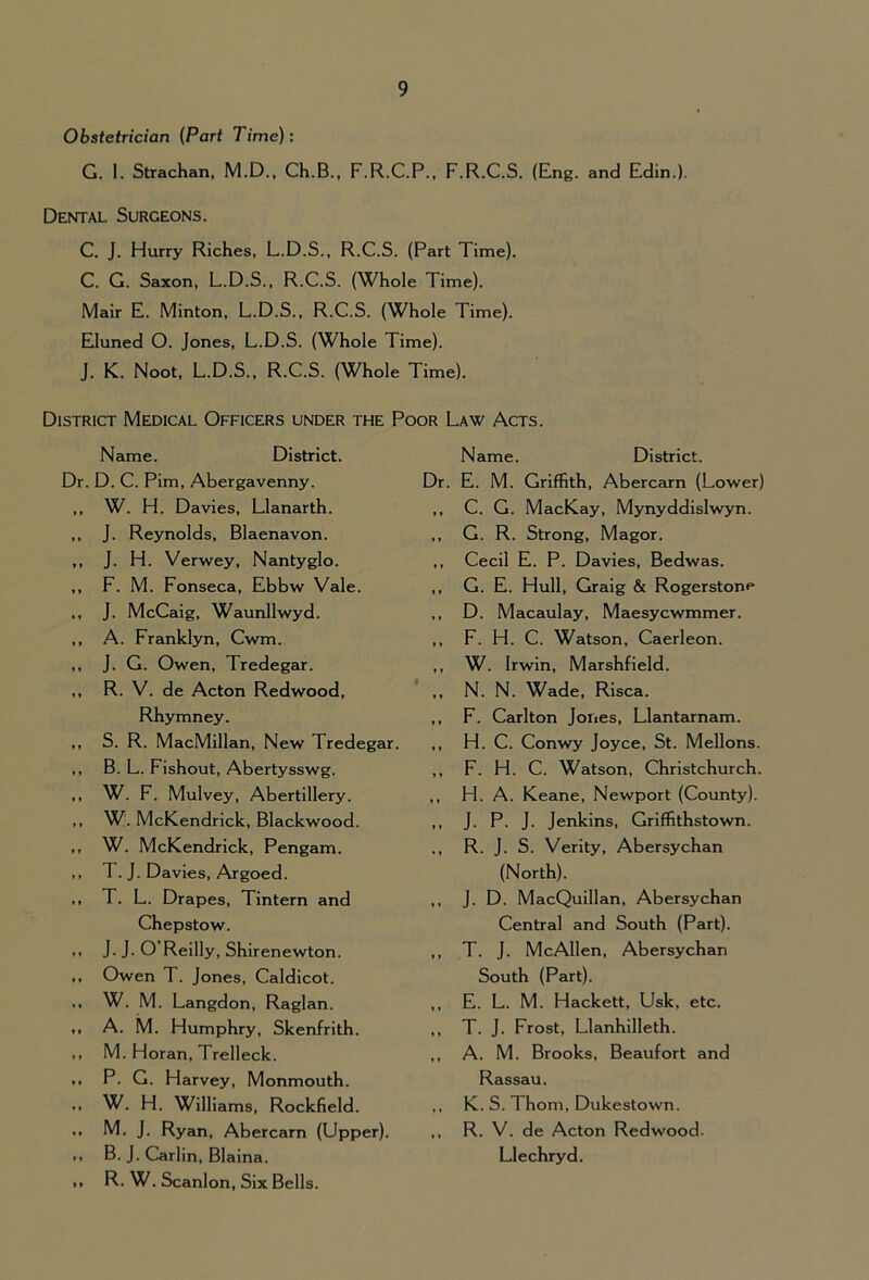 ObstetTician {Part Time): G. 1. Strachan, M.D., Ch.B., F.R.C.P., F.R.C.S. (Eng. and Edin.). Dental Surgeons. C. J. Hurry Riches, L.D.S., R.C.S. (Part Time). C. G. Saxon, L.D.S., R.C.S. (Whole Time). Mair E. Minton, L.D.S., R.C.S. (Whole Time). Eluned O. Jones, L.D.S. (Whole Time). J. K. Noot, L.D.S., R.C.S. (Whole Time). District Medical Officers under the Poor Law Acts. Name. District. Dr. D. C. Pirn, Abergavenny. ,, W. H. Davies, Llanarth. ,, J. Reynolds, Blaenavon. ,, J. H. Verwey, Nantyglo. ,, F. M. Fonseca, Ebbw Vale. ., J. McCaig, Waunllwyd. ,, A. Franklyn, Cwm. ,, J. G. Owen, Tredegar. ,, R. V. de Acton Redwood, Rhymney. ,, S. R. MacMillan, New Tredegar. ,, B. L. Fishout, Abertysswg. ,, W. F. Mulvey, Abertillery. ,, W. McKendrick, Blackwood. ,, W. McKendrick, Pengam. ,, T. J. Davies, Argoed. ,, T. L. Drapes, Tintern and Chepstow. .. J- J- O’ Reilly, Shlrenewton. ,, Owen T. Jones, Caldicot. ,, W. M. Langdon, Ragl an. ,, A. M. Humphry, Skenfrlth. ,, M. Horan, Trelleck. ,, P. G. Harvey, Monmouth. ., W. H. Williams, Rockfield. .. M. J. Ryan, Abercarn (Upper). „ B. J. Carlin, Blaina. ,, R. W. Scanlon, Six Bells. Name. District. Dr. E. M. Griffith, Abercarn (Lower) ,, C. G. MacKay, Mynyddislwyn. ,, G. R. Strong, Magor. ,, Cecil E. P. Davies, Bedwas. ,, G. E. Hull, Graig & Rogerstone ,, D. Macaulay, Maesycwmmer. ,, F. H. C. Watson, Caerleon. ,, W. Irwin, Marshfield. ,, N. N. Wade, Risca. ,, F. Carlton Jones, Llantarnam. ,, H. C. Conwy Joyce, St. Mellons. ,, F. H. C. Watson, Christchurch. ,, H. A. Keane, Newport (County). ,, J. P. J. Jenkins, Griffithstown. ., R. J. S. Verity, Abersychan (North). ,, J. D. MacQuillan, Abersychan Central and South (Part). ,, T. J. McAllen, Abersychan South (Part). ,, E. L. M. Hackett, Usk, etc. ,, T. J. Frost, Llanhilleth. ,, A. M. Brooks, Beaufort and Rassau. ,, K. S. Thom, Dukestown. ,, R. V. de Acton Redwood. Llechryd.