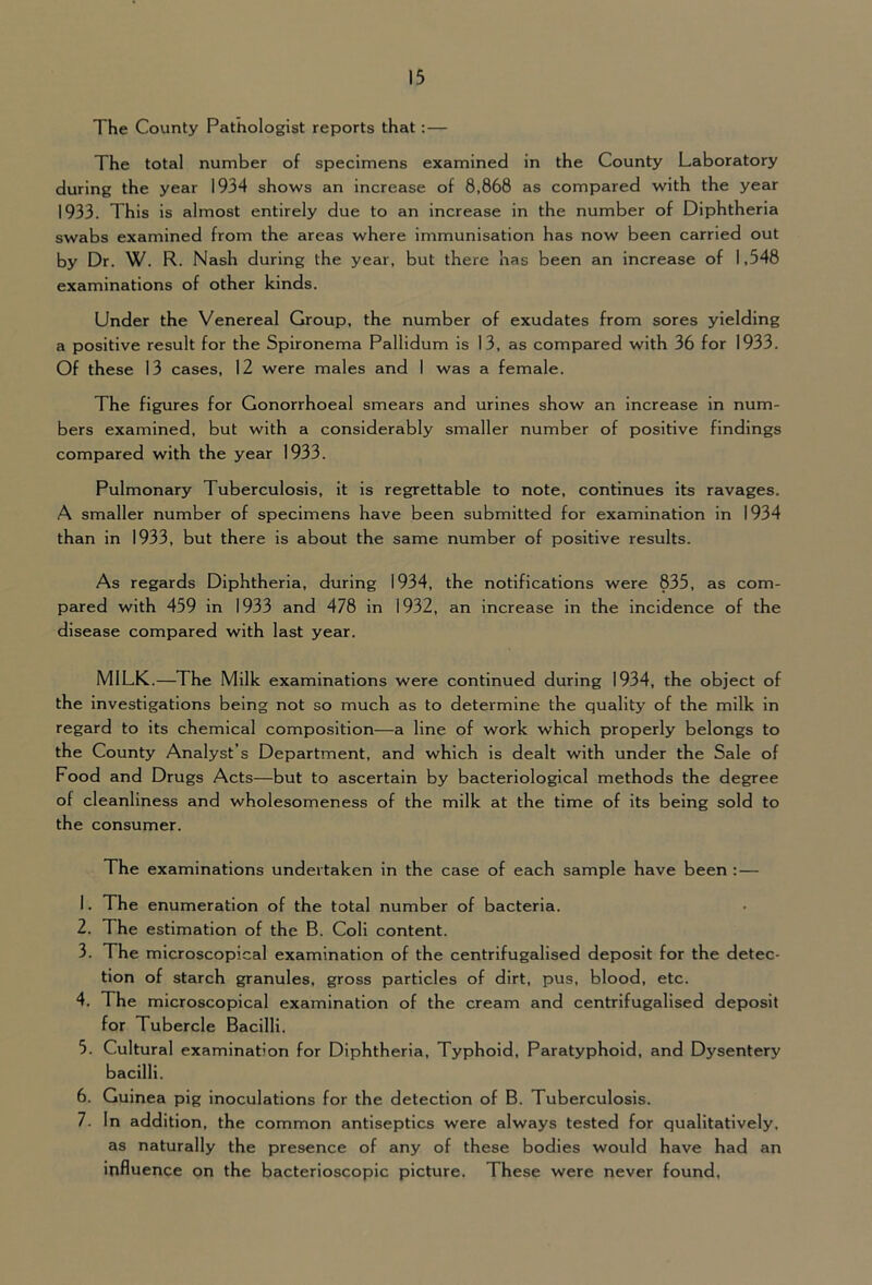 The County Pathologist reports that:— The total number of specimens examined in the County Laboratory during the year 1934 shows an increase of 8,868 as compared with the year 1933. This is almost entirely due to an increase in the number of Diphtheria swabs examined from the areas where immunisation has now been carried out by Dr. W. R. Nash during the year, but there has been an increase of 1,548 examinations of other kinds. Under the Venereal Group, the number of exudates from sores yielding a positive result for the Spironema Pallidum is 13, as compared with 36 for 1933. Of these 13 cases, 12 were males and I was a female. The figures for Gonorrhoeal smears and urines show an increase in num- bers examined, but with a considerably smaller number of positive findings compared with the year 1933. Pulmonary Tuberculosis, it is regrettable to note, continues its ravages. A smaller number of specimens have been submitted for examination in 1934 than in 1933, but there is about the same number of positive results. As regards Diphtheria, during 1934, the notifications were 835, as com- pared with 459 in 1933 and 478 in 1932, an increase in the incidence of the disease compared with last year. MILK.—The Milk examinations were continued during 1934, the object of the investigations being not so much as to determine the quality of the milk in regard to its chemical composition—a line of work which properly belongs to the County Analyst’s Department, and which is dealt with under the Sale of Food and Drugs Acts—but to ascertain by bacteriological methods the degree of cleanliness and wholesomeness of the milk at the time of its being sold to the consumer. The examinations undertaken in the case of each sample have been : — 1. The enumeration of the total number of bacteria. 2. The estimation of the B. Coli content. 3. The microscopical examination of the centrifugalised deposit for the detec- tion of starch granules, gross particles of dirt, pus, blood, etc. 4. The microscopical examination of the cream and centrifugalised deposit for Tubercle Bacilli. 5. Cultural examination for Diphtheria, Typhoid, Paratyphoid, and Dysentery bacilli. 6. Guinea pig inoculations for the detection of B. Tuberculosis. 7. In addition, the common antiseptics were always tested for qualitatively, as naturally the presence of any of these bodies would have had an influence on the bacterioscopic picture. These were never found,