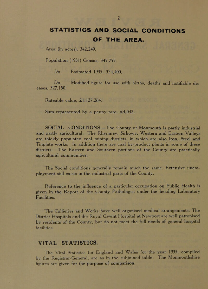 STATISTICS AND SOCIAL CONDITIONS OF THE AREA. Area (in acres), 342,249. Population (1931) Census, 345,755. Do. Estimated 1935, 324,400. Do. Modified figure for use with births, deaths and notifiable dis- eases, 327,150. Rateable value, £1,127,264. Sum represented by a penny rate, £4,042. SOCIAL CONDITIONS.—The County of Monmouth is partly industrial and partly agricultural. The Rhymney, Sirhowy, Western and Eastern Valleys are thickly populated coal mining districts, in which are also Iron, Steel and Tinplate works. In addition there are coal by-product plants in some of these districts. The Eastern and Southern portions of the County are practically agricultural communities. The Social conditions generally remain much the same. Extensive unem- ployment still exists in the industrial parts of the County. Reference to the influence of a particular occupation on Public Health is given in the Report of the County Pathologist under the heading Laboratory Facilities. The Collieries and Works have well organised medical arrangements. The District Hospitals and the Royal Gwent Hospital at Newport are well patronised by residents of the County, but do not meet the full needs of general hospital facilities. VITAL STATISTICS. The Vital Statistics for England and Wales for the year 1935, compiled by the Registrar-General, are as in the subjoined table. The Monmouthshire figures are given for the purpose of comparison.