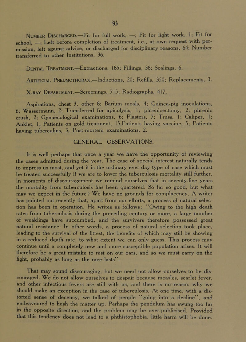 Number Discharged.—Fit for full work, —; Fit for light work, I: Fit for school, ; Left before completion of treatment, i.e., at own request with per- mission, left against advice, or discharged for disciplinary reasons, 64; Number transferred to other Institutions, 36. Dental Treatment.—Extractions, 185; Fillings, 38; Scalings, 6. Artificial Pneumothorax.—Inductions, 20; Refills, 350; Replacements, 3. X-RAY Department.—Screenings, 715; Radiographs, 417. Aspirations, chest 3, other 8; Barium meals, 4; Guinea-pig inoculations, 6; Wassermann, 2; Transferred for apicolysis, I; phrenicectomy, 2; phrenic crush, 2; Gynaecological examinations, 6; Plasters, 7; Truss, I; Caliper, 1; Anklet, 1; Patients on gold treatment, 15;Patients having vaccine, 5; Patients having tuberculins, 3; Post-mortem examinations, 2. GENERAL OBSERVATIONS. It is well perhaps that once a year we have the opportunity of reviewing the cases admitted during the year. The case of special interest naturally tends to impress us most, and yet it is the ordinary ever-day type of case which must be treated successfully if we are to lower the tuberculosis mortality still further. In moments of discouragement we remind ourselves that In seventy-five years the mortality from tuberculosis has been quartered. So far so good, but what may we expect in the future? We have no grounds for complacency. A writer has pointed out recently that, apart from our efforts, a process of natural selec- tion has been in operation. He writes as follows: “Owing to the high death rates from tuberculosis during the preceding century or more, a large number of weaklings have succumbed, and the survivers therefore possessed great natural resistance. In other words, a process of natural selection took place, leading to the survival of the fittest, the benefits of which may still be showing in a reduced d^ath rate, to what extent we can only guess. This process may continue until a completely new and more susceptible population arises. It will therefore be a great mistake to rest on our oars, and so we must carry on the fight, probably as long as the race lasts”. That may sound discouraging, but we need not allow ourselves to be dis- couraged. We do not allow ourselves to despair because measles, scarlet fever, and other infectious fevers are still with us, and there is no reason why we should make an exception in the case of tuberculosis. At one time, with a dis- torted sense of decency, we talked of people “going into a decline”, and endeavoured to hush the matter up. Perhaps the pendulum has swung too far in the opposite direction, and the problem may be over-publicised. Provided that this tendency does not lead to a phthistophobia, little harm will be done.