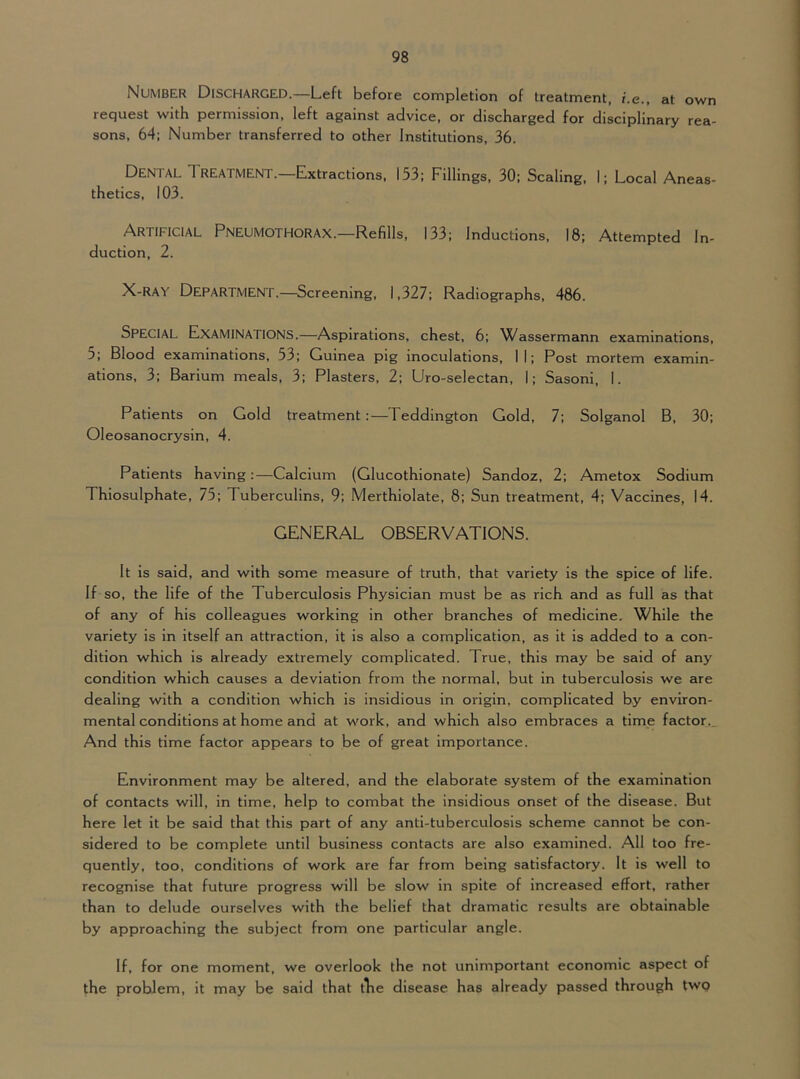 Number Discharged.—Left before completion of treatment, f.e., at own request with permission, left against advice, or discharged for disciplinary rea- sons, 64; Number transferred to other Institutions, 36. Dental Treatment.—Extractions, 153; Fillings, 30; Scaling, I; Local Aneas- thetics, 103. Artificial Pneumothorax.—Refills, 133; Inductions, 18; Attempted In- duction, 2. X-ray Department.—Screening, 1,327; Radiographs, 486. Special Examinations.—Aspirations, chest, 6; Wassermann examinations, 5; Blood examinations, 53; Guinea pig inoculations, 1 I; Post mortem examin- ations, 3; Barium meals, 3; Plasters, 2; Uro-selectan, I; Sasoni, I. Patients on Gold treatment:—Teddington Gold, 7; Solganol B, 30; Oleosanocrysin, 4. Patients having:—Calcium (Glucothionate) Sandoz, 2; Ametox Sodium Thiosulphate, 75; Tuberculins, 9; Merthiolate, 8; Sun treatment, 4; Vaccines, 14. GENERAL OBSERVATIONS. It is said, and with some measure of truth, that variety is the spice of life. If so, the life of the Tuberculosis Physician must be as rich and as full as that of any of his colleagues working in other branches of medicine. While the variety is in itself an attraction, it is also a complication, as it is added to a con- dition which is already extremely complicated. True, this may be said of any condition which causes a deviation from the normal, but in tuberculosis we are dealing with a condition which is insidious in origin, complicated by environ- mental conditions at home and at work, and which also embraces a time factor.. And this time factor appears to be of great importance. Environment may be altered, and the elaborate system of the examination of contacts will, in time, help to combat the insidious onset of the disease. But here let it be said that this part of any anti-tuberculosis scheme cannot be con- sidered to be complete until business contacts are also examined. All too fre- quently, too, conditions of work are far from being satisfactory. It is well to recognise that future progress will be slow in spite of increased effort, rather than to delude ourselves with the belief that dramatic results are obtainable by approaching the subject from one particular angle. If, for one moment, we overlook the not unimportant economic aspect of the probJem, it may be said that tTe disease has already passed through two