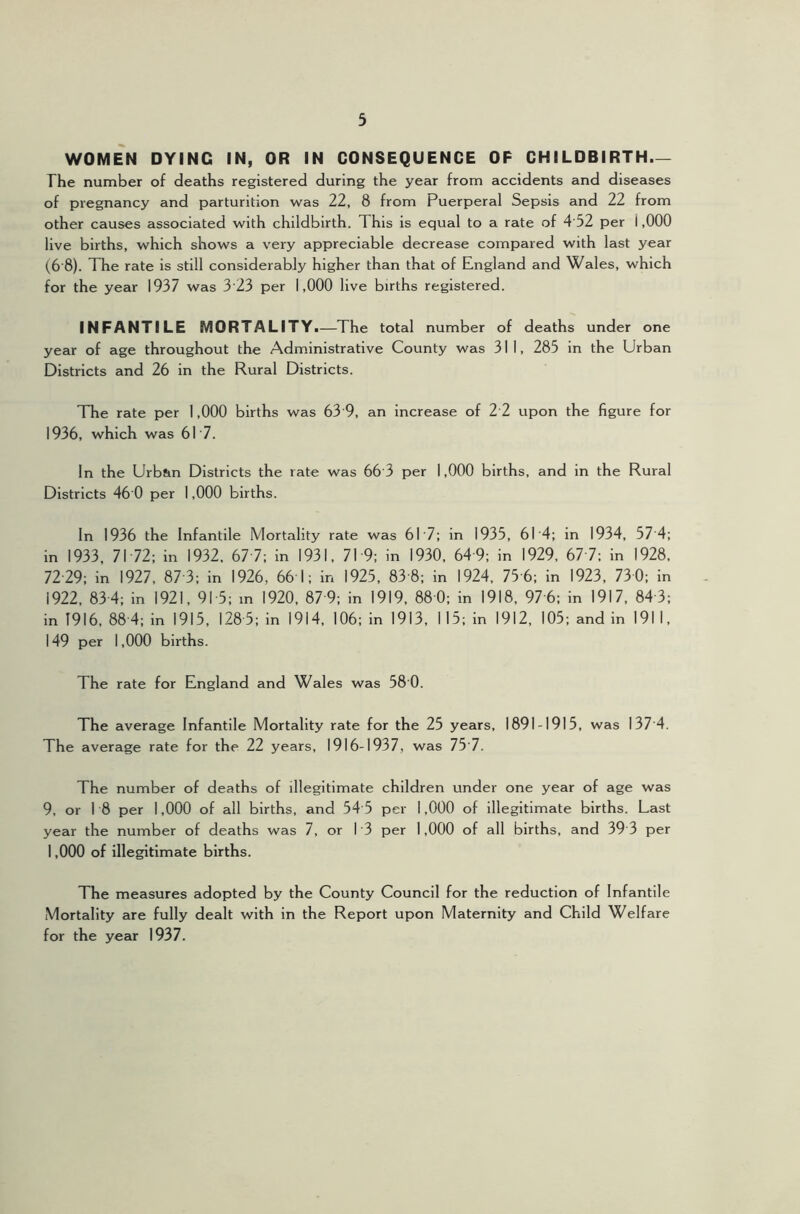 WOMEN DYING IN, OR IN CONSEQUENCE OP CHILDBIRTH.— The number of deaths registered during the year from accidents and diseases of pregnancy and parturition was 22, 8 from Puerperal Sepsis and 22 from other causes associated with childbirth. This is equal to a rate of 4 52 per i ,000 live births, which shows a very appreciable decrease compared with last year (6'8). The rate is still considerably higher than that of England and Wales, which for the year 1937 was 3 23 per 1,000 live births registered. INFANTILE MORTALITY.—The total number of deaths under one year of age throughout the Administrative County was 311, 285 in the Urban Districts and 26 in the Rural Districts. TTie rate per 1,000 births was 63 9, an increase of 2 2 upon the figure for 1936, which was 61 7. In the Urban Districts the rate was 66 3 per 1,000 births, and in the Rural Districts 46 0 per 1,000 births. In 1936 the Infantile Mortality rate was 61'7; in 1935, 61 4; in 1934, 57 4; in 1933, 71 72; in 1932, 67-7; in 1931, 71 9: in 1930, 649; in 1929, 677; in 1928, 72-29; in 1927, 87-3; in 1926, 66 1 ; in 1925, 83-8; in 1924, 75-6; in 1923, 73 0 ; in 1922, 834; in 1921, 91-5; m 1920, 87 9; in 1919, 880; in 1918, 97-6; in 1917, 84-3; in 1916, 88-4; in 1915, 1285; in 1914, 106; in 1913, 115; in 1912, 105; and in 1911, 149 per 1,000 births. The rate for England and Wales was 58 0. The average Infantile Mortality rate for the 25 years, 1891-1915, was 137 4. The average rate for the 22 years, 1916-1937, was 75 7. The number of deaths of illegitimate children under one year of age was 9, or 1 8 per 1,000 of all births, and 54 5 per 1,000 of illegitimate births. Last year the number of deaths was 7, or 1 '3 per 1,000 of all births, and 39 3 per 1,000 of illegitimate births. The measures adopted by the County Council for the reduction of Infantile Mortality are fully dealt with in the Report upon Maternity and Child Welfare for the year 1937.