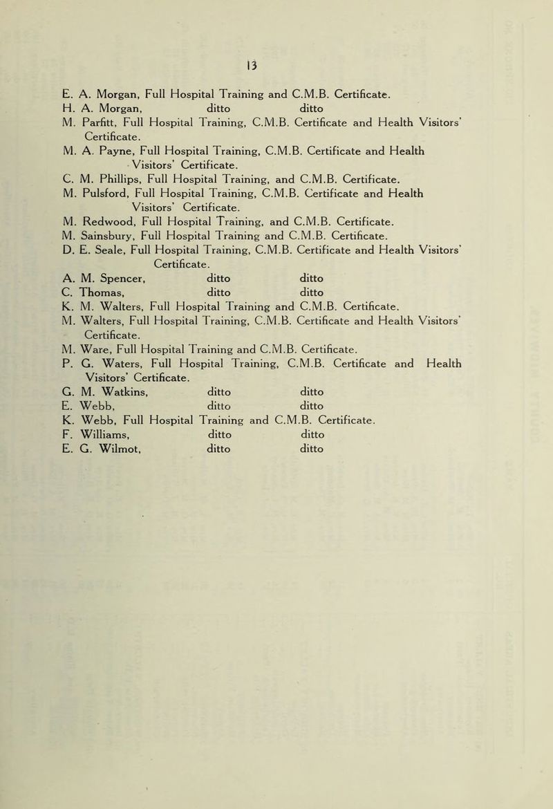 E. A. Morgan, Full Hospital Training and C.M.B. Certificate. H. A. Morgan, ditto ditto M. Parfitt, Full Hospital Training, C.M.B. Certificate and Health Visitors’ Certificate. M. A. Payne, Full Hospital Training, C.M.B. Certificate and Health Visitors’ Certificate. C. M. Phillips, Full Hospital Training, and C.M.B. Certificate. M. Pulsford, Full Hospital Training, C.M.B. Certificate and Health Visitors’ Certificate. M. Redwood, Full Hospital Training, and C.M.B. Certificate. M. Sainsbury, Full Hospital Training and C.M.B. Certificate. D. E. Seale, Full Hospital Training, C.M.B. Certificate and Health Visitors’ Certificate. A. M. Spencer, ditto ditto C. Thomas, ditto ditto K. M. Walters, Full Hospital Training and C.M.B. Certificate. M. Walters, Full Hospital Training, C.M.B. Certificate and Health Visitors’ Certificate. M. Ware, Full Hospital Training and C.M.B. Certificate. P. G. Waters, Full Hospital Training, C.M.B. Certificate and Health Visitors’ Certificate. G. M. Watkins, ditto ditto E. Webb, ditto ditto K. Webb, Full Hospital Training and C..M.B. Certificate. F. Williams, ditto ditto E. G. Wilmot, ditto ditto