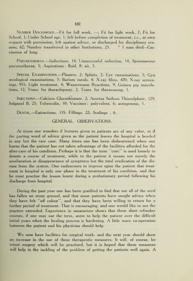 Number Discharged.—Fit for full work, —; Fit for light work, 7; Fit for School, 1; Under School age, 1; left before completion of treatirient, i.e., at own request with permission, left against advice, or discharged for disciplinary rea- sons, 62; Number transferred to other Institutions, 23. * I man died—Car- cinoma of lung. Pneumothorax.—Inductions, 14; Unsuccessful induction, 14; Spontaneous pneumothorax, 5; Aspirations : fluid, 8; air, 5. Special Examinations.—Plasters, 2; Splints, 2; Eye examinations, 5; Gyn oecological examinations, 5; Barium meals, 4; X-ray films, 470; X-ray screen- ings, 955; Light treatment, 4; Wassermann Reactions, 9; Guinea pig inocula- tions, 12; Trans, for thoraclopasty, 2; Trans, for thoracoscop, 1. Injections.—Calcium Glucothionate, 2; Ametox Sodium Thiosulphate, 129; Solganol B, 25; Tuberculin, 10; Vaccines; polyvalent, 6; autogenous, 1. Dental.—Extractions, 135; Fillings, 22; Scalings , 6. GENERAL OBSERVATIONS. At times one wonders if lectures given to patients are of any value, or if the parting word of advice given as the patient leaves the hospital is heeded in any but the rare case. Many times one has been disheartened when one learns that the patient has not taken advantage of the facilities afforded for the after-care of his condition. Perhaps it is that the term ‘cure ” is used loosely to denote a course of treatment, while to the patient it means not merely the amelioration or disappearance of symptoms but the total eradication of the dis- ease from the system. One endeavours to impress upon the patient that treat- ment in hospital is only one phase in the treatment of his condition, and that he must practise the lesson learnt during a probationary period following his discharge from hospital. During the past year one has been gratified to find that not all of the seed has fallen on stony ground, and that some patients have sought advice when they have felt “off colour”, and that they have been willing to return for a further period of treatment. That is encouraging, and one would like to see the practice extended. Experience in sanatorium shows that these short refresher courses, if one may use the term, seem to help the patient over the difficult initial years when the healing process is hardening. A little more co-operation between the patient and his physician should help. We now have facilities for surgical work, and the next year should show an increase in the use of these therapeutic measures. It will, of course, be minor surgery which will be practised, but it is hoped that these measures will help in the tackling of the problem of getting the patients well again. A