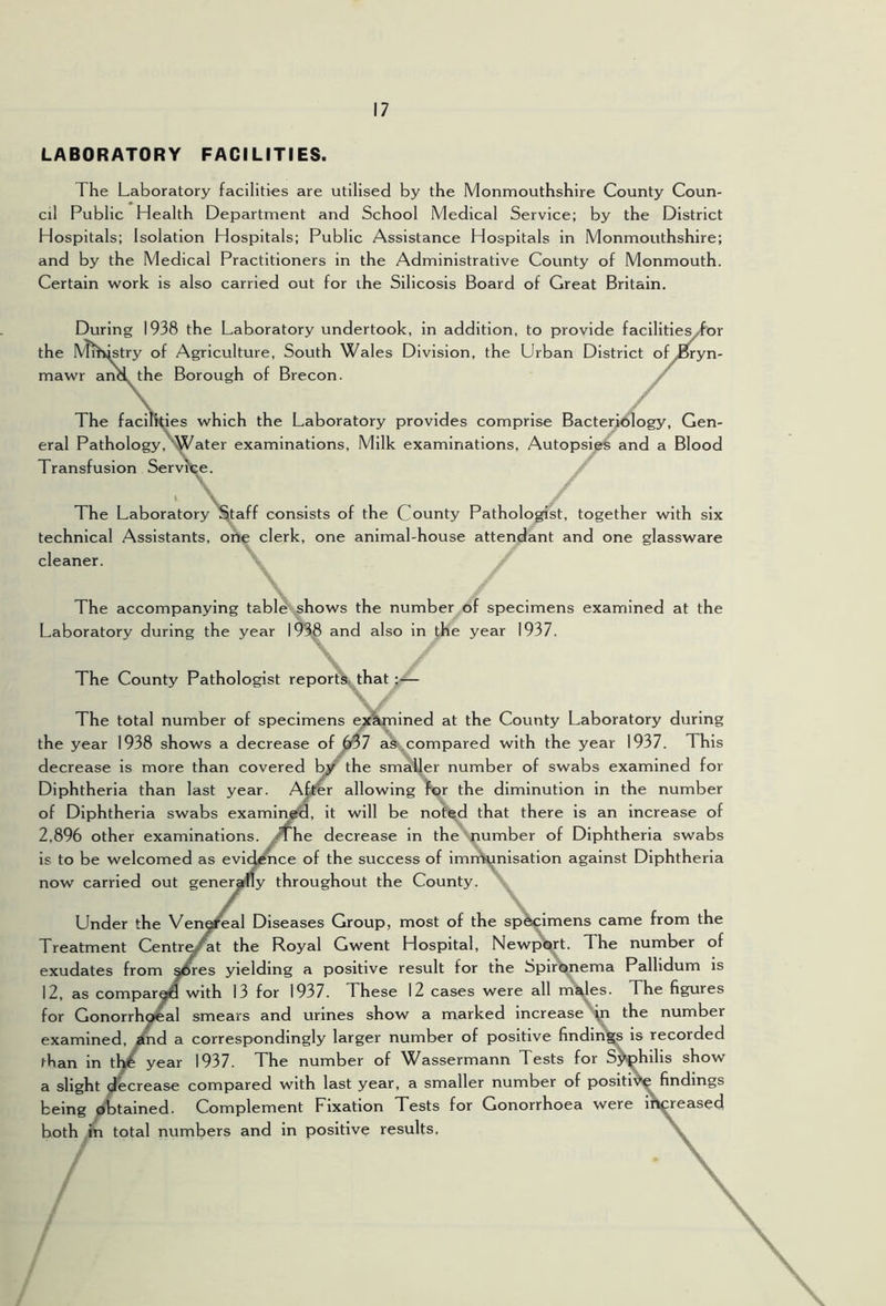 LABORATORY FACILITIES. The Laboratory facilities are utilised by the Monmouthshire County Coun- cil Public Health Department and School Medical Service; by the District Hospitals; Isolation Hospitals; Public Assistance Hospitals in Monmouthshire; and by the Medical Practitioners in the Administrative County of Monmouth. Certain work is also carried out for the Silicosis Board of Great Britain. During 1938 the Laboratory undertook, in addition, to provide facilitiesyfbr the Mihistry of Agriculture, South Wales Division, the Urban District ofyOryn- mawr an < the Borough of Brecon. ^ / which the Laboratory provides comprise Bacterjdlogy, Gen- ater examinations. Milk examinations, Autopsi^ and a Blood The facir eral Pathology,' Transfusion Servlte. \ ■v The Laboratory'^taff consists of the County Pathologist, together with six technical Assistants, orte clerk, one animal-house attendant and one glassware cleaner. The accompanying table shows the number of specimens examined at the Laboratory during the year 1938 and also in the year 1937. The County Pathologist report^that ;— The total number of specimens e^i?kmined at the County Laboratory during the year 1938 shows a decrease of ^7 ai& compared with the year 1937. This decrease is more than covered W the smaller number of swabs examined for Diphtheria than last year. Ai^r allowing for the diminution in the number of Diphtheria swabs examiri^, it will be noh^d that there is an increase of 2,896 other examinations, he decrease in the number of Diphtheria swabs is to be welcomed as evid^ce of the success of imn^inisation against Diphtheria now carried out gener^y throughout the County. Under the Veno^al Diseases Group, most of the sp^imens came from the Treatment Centre^t the Royal Gwent Hospital, NewpVt. The number of exudates from s^es yielding a positive result for the Spirbnema Pallidum is 12, as comparalfl with 13 for 1937. These 12 cases were all m'a^es. The figures for Gonorrhoeal smears and urines show a marked increase \n the number examined, md a correspondingly larger number of positive findings is recorded than in thiS year 1937. The number of Wassermann Tests for S^hilis show a slight (^crease compared with last year, a smaller number of positive findings being ^btalned. Complement Fixation Tests for Gonorrhoea were increased both fcv total numbers and in positive results. \ \