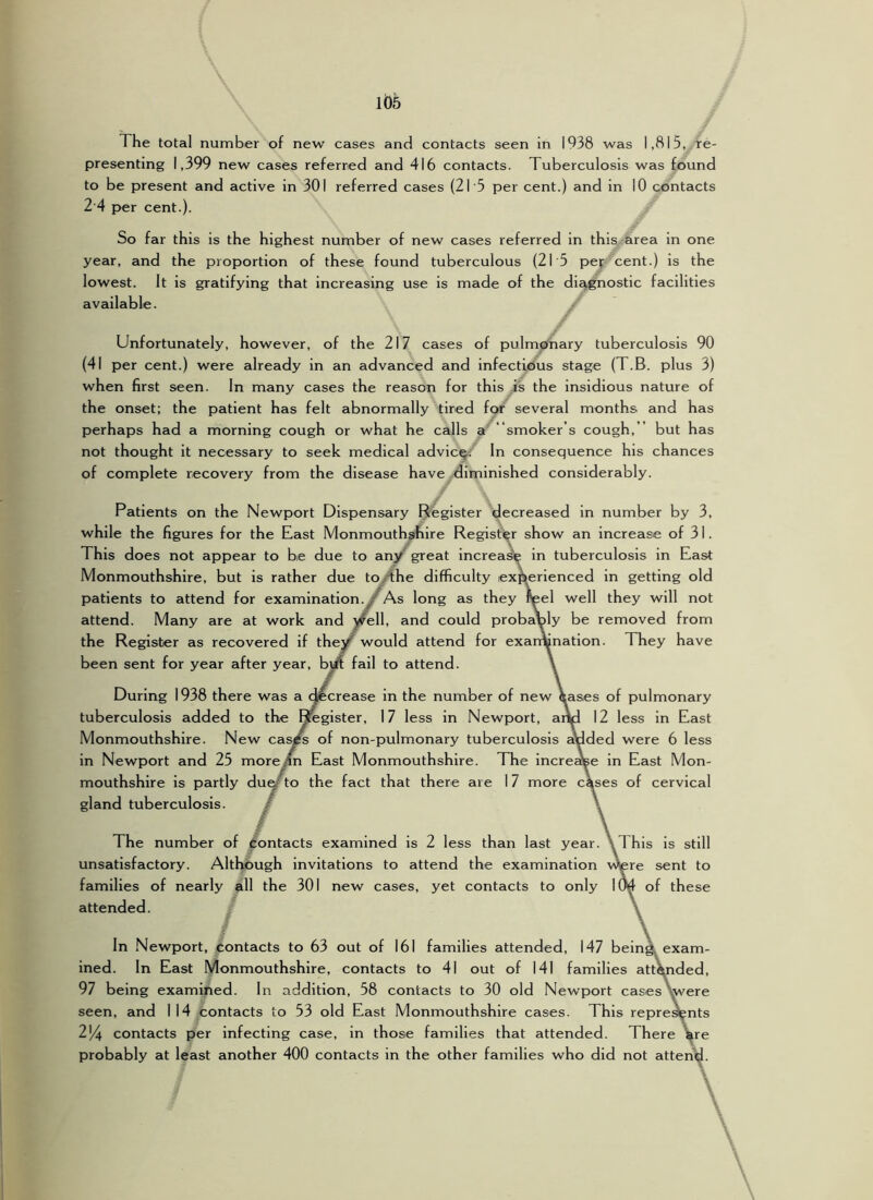 The total number of new cases and contacts seen in 1938 was 1,815, re- presenting 1,399 new cases referred and 416 contacts. Tuberculosis was found to be present and active in 301 referred cases (215 per cent.) and in 10 contacts 2 4 per cent.). So far this is the highest number of new cases referred in this area in one year, and the proportion of these found tuberculous (21 5 per cent.) is the lowest. It is gratifying that increasing use is made of the diagnostic facilities available. Unfortunately, however, of the 217 cases of pulmphary tuberculosis 90 (41 per cent.) were already in an advanced and infectious stage (T.B. plus 3) when first seen. In many cases the reason for this is the insidious nature of the onset; the patient has felt abnormally tired for several months and has perhaps had a morning cough or what he calls a^“smoker’s cough, ” but has not thought it necessary to seek medical advic^2 In consequence his chances of complete recovery from the disease have diminished considerably. Patients on the Newport Dispensary Register decreased in number by 3, while the figures for the East Monmouthshire Register show an increase of 31. This does not appear to be due to an3/ great Increa^ in tuberculosis in East Monmouthshire, but is rather due toy4:he difficulty experienced in getting old patients to attend for examination.^As long as they reel well they will not attend. Many are at work and veW, and could probably be removed from the Register as recovered if the^^ would attend for exanqjnation. They have been sent for year after year, bm fail to attend. During 1938 there was a «crease in the number of new aases of pulmonary tuberculosis added to the ^gister, 17 less in Newport, apd 12 less in East Monmouthshire. New ca^s of non-pulmonary tuberculosis cSdded were 6 less in Newport and 25 more/n East Monmouthshire. The incre^e in East Mon- mouthshire is partly du^ to the fact that there are 17 more cases of cervical gland tuberculosis. / / \ The number of contacts examined is 2 less than last year. \This is still unsatisfactory. Although invitations to attend the examination v^re sent to families of nearly all the 301 new cases, yet contacts to only 1(M of these attended. In Newport, contacts to 63 out of 161 families attended, 147 bein4 exam- ined. In East Monmouthshire, contacts to 41 out of 141 families attended, 97 being examined. In addition, 58 contacts to 30 old Newport cases Nwere seen, and 114 contacts to 53 old East Monmouthshire cases. This repre^nts 2(4 contacts per infecting case, in those families that attended. There are probably at least another 400 contacts in the other families who did not attent^.