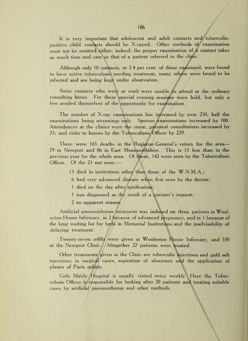 It is very important that adolescent and adult contacts and tuberculin- positive child contacts should be X-rayed. Other methodp of examination must not be omitted ieither; indeed, the proper examination of ^ contact takes as much time and care as that of a patient referred to the clijiic. /. Although only 10 contacts, or 2 4 per cent, of those ei^mined, were found to have active tuberculosis needing treatment, many othjirs were found to be infected and are being kept under observation. y' Some contacts who were at work weie unable jto attend at the ordinary consulting hours. For these special evening sessiq^is were held, but only a few availed themselves of the opportunity for exajhination. . / The number of X-ray examinations has ir^reased by over 250, half the examinations being screenings only. Sputum Examinations increased by 100. Attendances at the clinics were the same; p^sonal consultations increased by 73; and visits to homes by the TuberculosisiOfficer by 229. There were 165 deaths in the Regi^rstr-General’s return for the area— 79 in Newport and 86 in East Monmouthshire. This is 13 less than in the previous year for the whole area. Of tfjese, 142 were seen by the Tuberculosis Officer. Of the 23 not seen: — 13 died in institutions other than those of the W.N.M.A.; 6 had very advanced disease when first seen by the doctor; 1 died on the day after notification; 1 was diagnosed as the result of a coroner’s inquest; 2 no apparent reason. Artificial pneumothorax treatment was induced on three patients in Wool- oston House Infirmary, in 2 because of advanced pregnancy, and in I because of the long waiting list for beds in Memorial Institutions and the inadvisability of delaying treatment. Twenty-seven refills were given at Wooloston House Infirmary, and 330 at the Newport Clinic. /Altogether 27 patients were treated. Other treatments given at the Clinic are tuberculin injections and gold salt injections; in surgical' cases, aspiration of abscesses and the application of plaster of Paris splints. Cefn Mably /Hospital is usually visited twice weekly . Here the Tuber- culosis Officer is' responsible for looking after 20 patients and treating suitable cases by artificial pneumothorax and other methods.