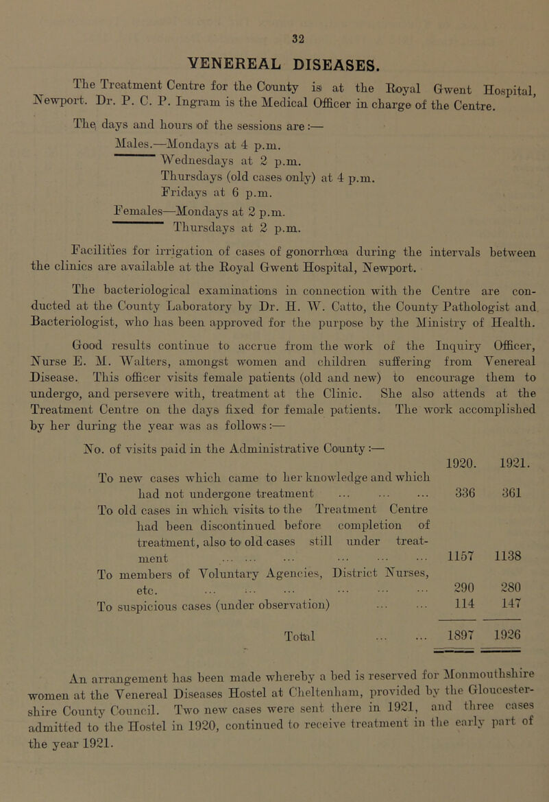VENEREAL DISEASES. The Treatment Centre for tlie County is at the Royal Gwent Hospital, Newport. Dr. P. C. P. Ingram is the Medical Officer in charge of the Centre. The, days and hours of the sessions are:— Males.—Mondays at 4 p.m. Wednesdays at 2 p.m. Thursdays (old cases only) at 4 p.m. Fridays at 6 p.m. Females—Mondays at 2 p.m. ~” Thursdays at 2 p.m. Facilities for irrigation of cases of gonorrhoea during the intervals between the clinics are available at the Royal Gwent Hospital, Newport. The bacteriological examinations in connection with the Centre are con- ducted at the County Laboratory by Dr. H. W. Catto, the County Pathologist and Bacteriologist, who has been approved for the purpose by the Ministry of Health. Good results continue to accrue from the work of the Inquiry Officer, Nurse E. M. Walters, amongst women and children suffering from Venereal Disease. This officer visits female patients (old and new) to encourage them to undergo, and persevere with, treatment at the Clinic. She also attends at the Treatment Centre on the days fixed for female patients. The work accomplished by her during the year was as follows:— No. of visits paid in the Administrative County:— To new cases which came to her knowledge and which 1920. 1921 had not undergone treatment To old cases in which visits to the Treatment Centre had been discontinued before completion of treatment, also to old cases still under treat- 336 361 ment To members of Voluntary Agencies, District Nurses, 1157 1138 etc. ••• ••• 290 280 To suspicious cases (under observation) 114 147 Total 1897 1926 An arrangement lias been made whereby a bed is reserved for Monmouthshire women at the Venereal Diseases Hostel at Cheltenham, provided by the Gloucester- shire County Council. Two new cases were sent there in 1921, and three cases admitted to the Hostel in 1920, continued to receive treatment in the early part of the year 1921.