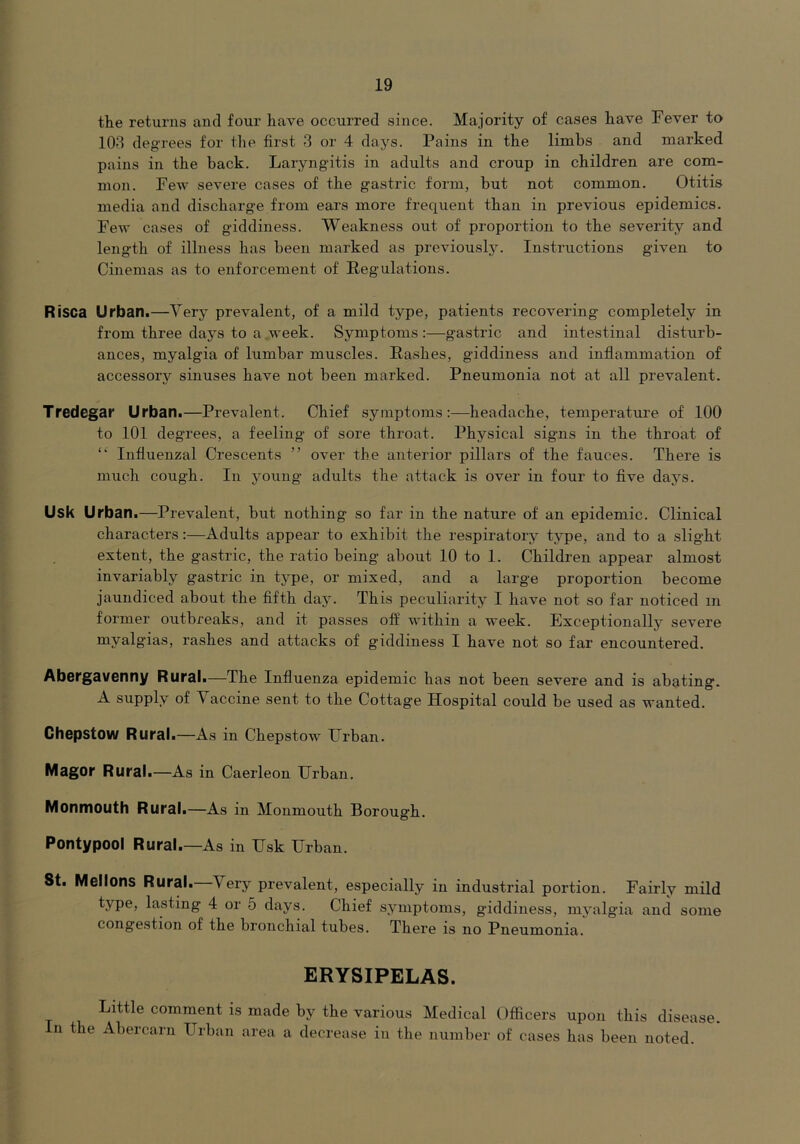 the returns and four have occuiTed since. Majority of cases have Fever to lOd degrees for the first 3 or 4 days. Pains in the limbs and marked pains in the back. Laryngitis in adults and croup in children are com- mon. Few severe cases of the gastric form, but not common. Otitis media and discharge from ears more frequent than in previous epidemics. Fev cases of giddiness. Weakness out of proportion to the severity and length of illness has been marked as previously. Instructions given to Cinemas as to enforcement of Regulations. Risca Urban.—Very prevalent, of a mild type, patients recovering completely in from three days to a veek. Symptoms :—gastric and intestinal disturb- ances, myalgia of lumbar muscles. Ra.shes, giddiness and inflammation of accessory sinuses have not been marked. Pneumonia not at all prevalent. Tredegar Urban.—Prevalent. Chief symptoms:—headache, temperature of 100 to 101 degrees, a feeling of sore throat. Physical signs in the throat of “ Influenzal Crescents ” over the anterior pillars of the fauces. There is much cough. In young adults the attack is over in four to flve days. Usk Urban.—Prevalent, but nothing so far in the nature of an epidemic. Clinical characters:—Adults appear to exhibit the respiratory type, and to a slight extent, the gastric, the ratio being about 10 to 1. Children appear almost invariably gastric in type, or mixed, and a large proportion become jaundiced about the fifth day. This peculiarity I have not so far noticed in former outbreaks, and it passes off within a week. Exceptionally severe my^lg’i^s, rashes and attacks of giddiness I have not so far encountered. Abergavenny Rural.—The Influenza epidemic has not been severe and is abating. A supply of Vaccine sent to the Cottage Hospital could be used as wanted. Chepstow Rural.—As in Chepstow Urban. Magor Rural.—As in Caerleon Urban. Monmouth Rural.—As in Monmouth Borough. Pontypool Rural.—As in Usk Urban. 8t. Mellons Rural. Very prevalent, especially in industrial portion. Fairly mild type, lasting 4 or 5 days. Chief symptoms, giddiness, myalgia and some congestion of the bronchial tubes. There is no Pneumonia. ERYSIPELAS. Little comment is made by the various Medical Ofiicers upon this disease, n the Abercarn Urban area a decrease in the number of cases has been noted.