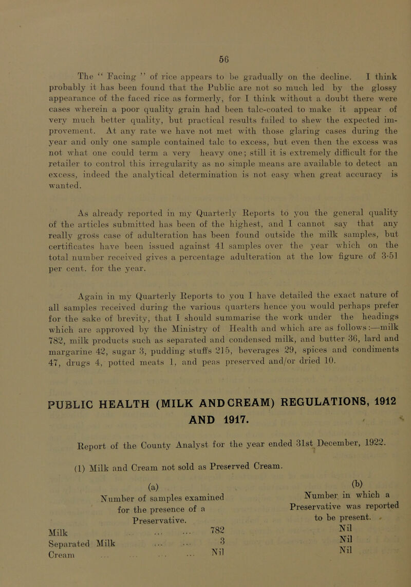 6G The “ Facing ” of rice appenra to he gradually on the decline. I think probably it has been found that the Public are not so much led by the glossy appearance of the faced rice as formerly, for I think Avithout a doubt there AA'ere cases AA'herein a poor quality grain had been talc-coated to make it appear of very much better quality, but practical results failed to shew the expected im- provement. At any rate Ave have not met Avith those glaring cases during the year and only one sample contained talc to excess, but even then the excess Avas not Avhat one could term a very heavy one; still it is extremely difficult for the retailer to control this irregularity as no simple means are available to detect an excess, indeed the anal3'^tical determination is not easy Avhen great accuracy is wanted. As already reported in my Quarterly Reports to 3ou the general qualitj’ of the articles submitted has been of the highest, and I cannot saj' that any reallj'' gross case of adulteration has been found outside the milk samples, but certificates have been issued against 41 samples over the year AA'hich on the total number received gives a percentage adulteration at the low figure of 3-51 per cent, for the year. Again in my Quarterly Reports to ^mu I have detailed the exact nature of all samples received during the various quarters hence you would perhaps prefer for the sake of brevity, that I should summarise the AA'ork under the headings which are approved by the Ministry of Health and Avhich are as follows:—milk 782, milk products such as separated and condensed milk, and butter 3G, lard and margarine 42, sugar 3, pudding stuffs 215, beverages 29, spices and condiments 47, drug’s 4, potted meats 1, and peas presei’A'ed and/or dried 10. PUBLIC HEALTH (MILK AND CREAM) REGULATIONS, 1912 AND 1917. Report of the County Analyst for the year ended 31st December, 1922. (1) Milk and Cream not sold as Preserved Cream. Milk Separated Cream (a) Number of samples examined for the presence of a Preservative. 782 Milk 3 Nil (b) Number in which a PreservatHe was reported to be present. . Nil Nil Nil