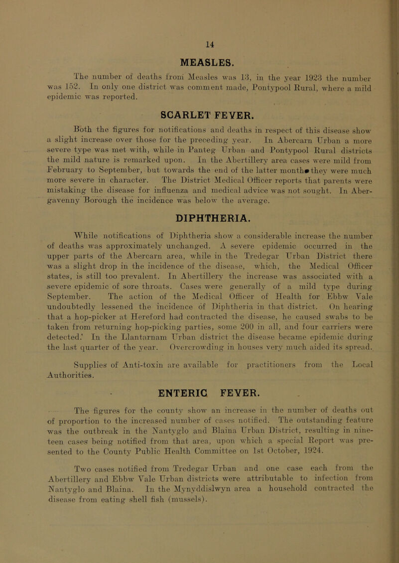MEASLES. The number of deaths from Measles was Id, in the year 192d the number was 152. In only one district was comment made, Pontj'pool Rural, where a mild epidemic was reported. SCARLET FEYER. Both the figures for notifications and deaths in respect of this disease show a slight increase over those for the preceding year. In Abercarn Urban a more severe type was met with, while in Panteg Urban and Pontypool Rural districts the mild nature is remarked upon. In the Abertillery area cases were mild from February to September, but towards the end of the latter month»they were much more severe in character. The District Medical Officer reports that parents were mistaking the disease for influenza and medical advice was not sought. In Aber- gavenny Borough the incidence was below the average. DIPHTHERIA. While notifications of Diphtheria show a considerable increase the number of deaths was approximately unchanged. A severe epidemic occurred in the upper parts of the Abercarn area, while in the Tredegar Urban District there was a slight drop in the incidence of the disease, which, the Medical Officer states, is still too prevalent. In Abertillery the increase was associated with a severe epidemic of sore throats. Cases were generally of a mild type during September. The action of the Medical Officer of Health for Ebbw Yale undoubtedly lessened the incidence of Diphtheria in that district. On hearing that a hop-picker at Hereford had contracted the disease, he caused swabs to be taken from returning hop-picking parties, some 200 in all, and four carriers were detected.’ In the Llantarnam Urban district the disease became epidemic during the last quarter of the j’^ear. Overcrowding in houses very much aided its spread. Supplies of Anti-toxin are available for practitioners from the Local Authorities. ENTERIC FEYER. The figures for the count}'- show an increase in the number of deaths out of proportion to the increased number of cases notified. The outstanding feature was the outbreak in the Nantyglo and Blaina Urban District, resulting in nine- teen cases being notified from that area, upon which a special Report was pre- sented to the County Public Health Committee on 1st October, 1924. Two cases notified from Tredegar Urban and one case each from the Abertillery and Ebbw Yale Urban districts were attributable to infection from Nantyglo and Blaina. In the Mynyddislwyn area a household contracted the disease from eating shell fish (mussels).