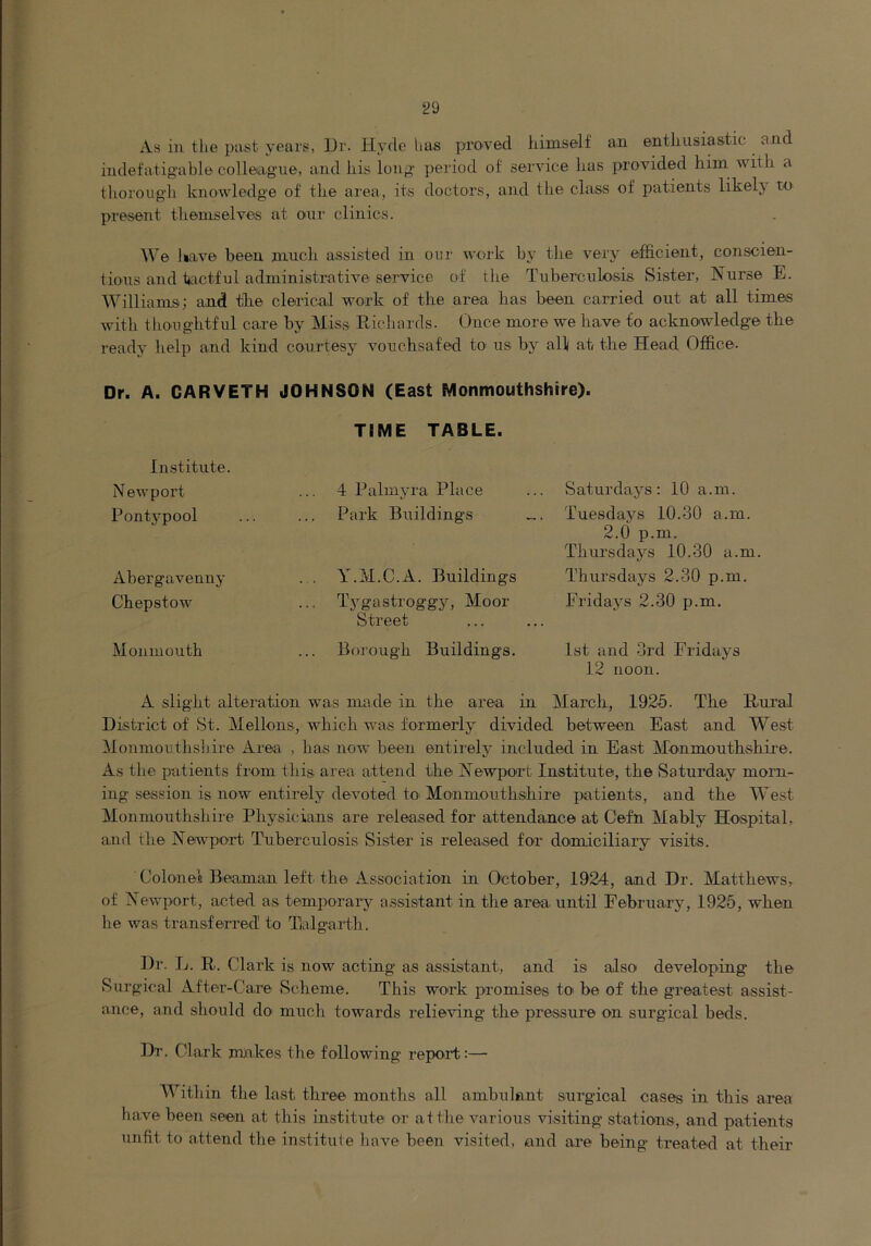 As in the past years, Dr. Hyde has proved kimself an enthusiastic and indefatigable colleag'ue, and his long period of service has provided him with a thorough knowledge of the area, its doctors, and the class of patients likelj to present themselves at our clinics. ^Ve have been much assisted in our work by the very efhcient, conscien- tious and tactful administrative service of the Tuberculosis Sister, Nurse E. Williams j and the clerical work of the area has been carried out at all times with tlionghtful cai’e by Miss Richards. Once more we have to acknowledge the ready help and kind courtesy vouchsafed to us by all/ at the Head Office. Dr. A. GARVETH JOHNSON (East Monmouthshire). Institute. Newport Pontypool Abergavenny Chepstow Monmouth TIME TABLE. 4 Palmyra Place Park Buildings Y.M.C.A. Buildings Tj'gastroggy, Moor Street Borough Buildings. Saturdays: 10 a.m. Tuesdays 10.30 a.m. 2.0 p.m. Thursdays 10.30 a.m Thursdays 2.30 p.m. Fridays 2.30 p.m. 1st and 3rd Fridays 12 noon. A slight alteration was made in the area in March, 1926. The Rural District of St. Mellons, which was formerly divided between East and West Monmouthshire Area , has now been entirely included in East Monmouthshii'e. As the patients from this, area attend the Newport Institute, the Saturday morn- ing session is now entirely devoted to Monmouthshire patients, and the West Monmouthshire Physicians are released for attendance at Cefn Mably Hospital, and the Newport Tuberculosis Sister is relea.sed for doimiciliary visits. Coloneli Beaman left the Association in October, 1924, and Dr. Matthews, of Newport, acted as temporary assistant in the area until February, 1925, when he was transferred to Tlalgarth. Dr. 1j. R. Clark is now acting as assistant, and is also developing the Surgical After-Care Scheme. This work promises toi be of the greatest assist- ance, and should do* much towards relieving the pressure on surgical beds. Dr. Clark mnkes the following report:— Within the last three months all ambulant surgical cases in this area have been seen at this institute or at the varioiis visiting stations, and patients unfit to attend tlie institute have been visited, and are being treated at their