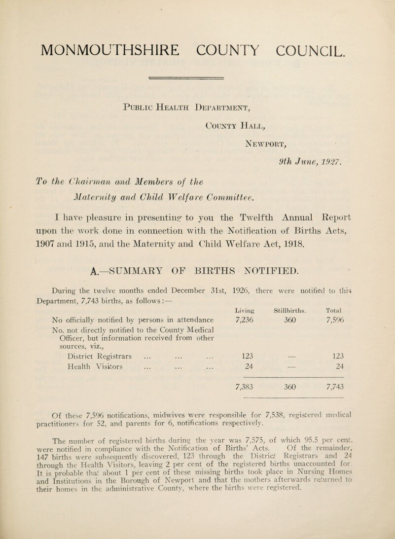 Public Health Department, County Haul, Newport, 9th June, 1927. To the Chairman and Members of the Maternity and Child Welfare Committee. I have pleasure in presenting to you the Twelfth Annual Report upon the work done in connection with the Notification of Births Acts, 1907 and 1915, and the Maternity and Child Welfare Act, 1918. A—SUMMARY OF BIRTHS NOTIFIED. During the twelve months ended December 31st, 1926, there were notified to this Department, 7,743 births, as follows: — Living Stillbirths. Total No officially notified by persons in attendance No. not directly notified to the County Medical Officer, but information received from other sources, viz., 7,236 360 7,596 District Registrars 123 — 123 Health Visitors 24 — 24 7,383 360 7,743 Of these 7,596 notifications, midwives were responsible for 7,538, registered medical practitioners for 52, and parents for 6, notifications respectively. The number of registered births during the year was 7,575, of which 95.5 per cent, were notified in compliance with the Notification of Births’ Acts. Of the remainder, 147 births were subsequently discovered, 123 through the District Registrars and 24 through the Health Visitors, leaving 2 per cent of the registered births, unaccounted for. It is probable that about 1 per cent of these missing births took place in Nursing Homes and Institutions in the Borough of Newport and that the mothers afterwards returned to their homes in the administrative County, where the births were registered.