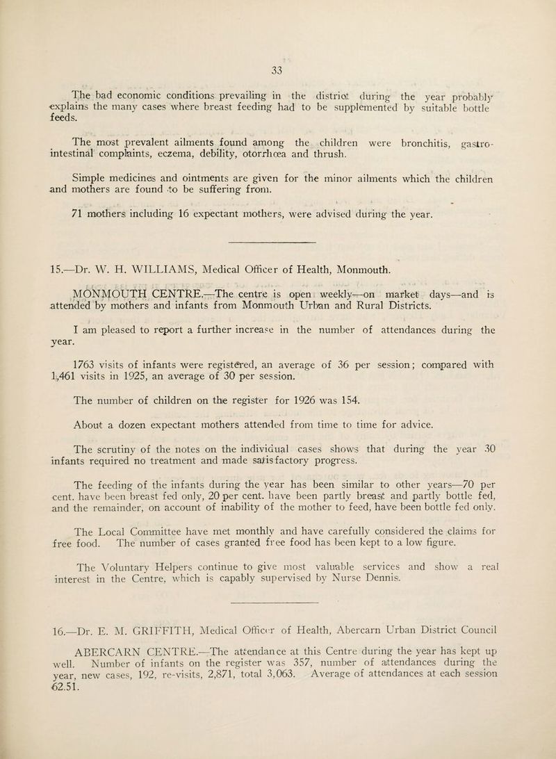 The bad economic conditions prevailing in the district during the year probably explains the many cases where breast feeding had to be supplemented by suitable bottle feeds. The most prevalent ailments found among the children were bronchitis, gastro¬ intestinal complaints, eczema, debility, otorrhoea and thrush. Simple medicines and ointments are given for the minor ailments which the children and mothers are found -to be suffering from. i 4 4 « 71 mothers including 16 expectant mothers, were advised during the year. 15.—Dr. W. H. WILLIAMS, Medical Officer of Health, Monmouth. MONMOUTH CENTRE.—The centre is open weekly—on market days—and is attended by mothers and infants from Monmouth Urban and Rural Districts. I am pleased to report a further increase in the number of attendances during the year. 1763 visits of infants were registered, an average of 36 per session; compared with 1},461 visits in 1925, an average of 30 per session. The number of children on the register for 1926 was 154. About a dozen expectant mothers attended from time to time for advice. The scrutiny of the notes on the individual cases shows that during the year 30 infants required no treatment and made satisfactory progress. The feeding of the infants during the year has been similar to other years—70 per cent, have been breast fed only, 20 per cent, have been partly breast and partly bottle fed, and the remainder, on account of inability of the mother to feed, have been bottle fed only. The Local Committee have met monthly and have carefully considered the claims for free food. The number of cases granted free food has been kept to a low figure. The Voluntary Helpers continue to give most valuable services and show a real interest in the Centre, which is capably supervised by Nurse Dennis. 16.—Dr. E. M. GRIFFITH, Medical Officer of Health, Abercarn Urban District Council ABERCARN CENTRE.—The attendance at this Centre during the year has kept up well. Number of infants on the register was 357, number of attendances during the year, new cases, 192, re-visits, 2,871, total 3,063. Average of attendances at each session 62.51.