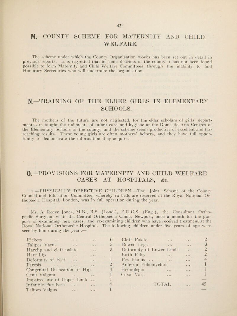 M.—COUNTY SCHEME FOR MATERNITY AND CHILD WELFARE. The scheme under which the County Organisation works has been set out in detail in previous reports. It is regretted that in some districts of the county it has not been found possible to form Maternity and Child Welfare Committees through the inability to find Honorary Secretaries who will undertake the organisation. N— TRAINING OF THE ELDER GIRLS IN ELEMENTARY SCHOOLS. The mothers of the future are not neglected, for the elder scholars of girls’ depart¬ ments are taught the rudiments of infant care and hygiene at the Domestic Arts Centres of the Elementary Schools of the county, and the scheme seems productive of excellent and far- reaching results. These young girls are often mothers’ helpers, and they have full oppor¬ tunity to demonstrate the information they acquire. 0—PROVISIONS FOR MATERNITY AND CHILD WELFARE CASES AT HOSPITALS, &c. i.—PHYSICALLY DEFECTIVE CHILDREN.—The joint Scheme of the County Council and Education Committee, wfiereby 12 beds are reserved at the Royal National Or¬ thopaedic Hospital, London, was in full operation during the year. Mr. A. Rocyn Jones, M.B., B.S. (Lond.), F.R.C.S. (Eng.), the Consultant Ortho¬ paedic Surgeon, visits the Central Orthopaedic Clinic, Newport, once a month for the pur¬ pose of examining new cases, and re-examining children who have received treatment at the Royal National Orthopaedic Hospital. The following children under five years of age were seen by him during the year :— Rickets ... ... ... 6 Talipes Amarus ... ... 5 Harelip and cleft palate ... 3 Hare Lip ... ... ... 1 Deformity of Feet ... ... 1 Paresis ... ... ... 2 Congenital Dislocation of Hip 4 Genu Valgum ... ... 1 Impaired use of Upper Limb ... 1 Infantile Paralysis ... ... 4 Talipes Valgus ... ... 1 Cleft Palate ... ... 2 Bowed Legs ... ... 3 Deformity of Lower Limbs ... 2 Birth Palsy ... ... 2 Pes Planus ... ... ... 4 Anterior Poliomyelitis ... 1 Hemiplegia ... ... I Coxa Vara ... ... 1 TOTAL ... 45