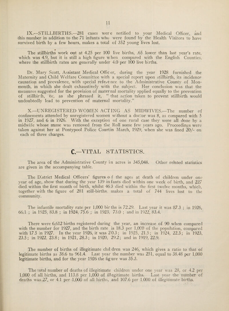IX. —STILLBIRTHS.—281 cases were notified to your Medical Officer, and this number in addition to the 71 infants who were found by the Health Visitors to have survived birth by a few hours, makes a total of 352 young lives lost. # The stillbirths work out at 4.25 per 100 live births, .65 lower than last year’s rate, which was 4.9, but it is still a high figure when compared with the English Counties, where the stillbirth rates are generally under 4.0 per 100 live births. Dr. Mary Scott, Assistant Medical Offic er, during the year 1928 furnished the Maternity and Child Welfare Committee with a special report upon stillbirth, its incidence causation and prevalence, with special refeience to the Administrative County of Mon¬ mouth, in which she dealt exhaustively with the subject. Her conclusion was that the measures suggested for the provision of maternal mortality applied equally to the prevention of stillbirth, or, as she phrased it, “ that action taken to prevent stillbirth would undoubtedly lead to prevention of maternal mortality.” X. —UNREGISTERED WOMEN ACTING AS MIDWIVES.—The number of confinements attended by unregistered women without a doctor was 8, as compared with 5 in 1927, and 6 in 1926. With the exception of one rural case they were all done by a midwife whose name was removed from the Roll some few years ago. Proceedings were taken against her at Pontypool Police Court in March, 1929, when she was fined 20/- on each of three charges. C—VITAL S TATLSTICS. The area of the Administrative County in acres is 345,048. Other related statistics are given in the accompanying table. The District Medical Officers’ figures o f the ages at death of children under one year of age, show that during the year 139 infants died within one week of birth, and 227 died within the first month of birth, whilst 46 3 died within the first twelve months, which, together with the figure of 281 still-births-, makes a total of 744 lives lost to the community. The infantile mortality rate per 1,000 births is 72.29. Last year it was 87.3 ; in 1926, 66.1 ; in 1925, 83.8 ; in 1924, 75.6 ; in 1923, 73.0 ; and in 1922, 83.4. There were 6,612 births registered during the year, an increase of 90 when compared with the number for 1927, and the birth rate is 18.3 per 1,000 of the population, compared with 17.5 in 1927. In the year 1926, it was 20.3; in 1925, 21.5; in 1924, 22.3; in 1923, 23.5; in 1922, 23.8; in 1921, 28.3; in 1920, 29.2; and in 1919, 22.9. The number of births of illegitimate chil dren was 246, which gives a ratio to that of legitimate births as 38.6 to 961.4. Last year the number was 251, equal to 38.48 per 1,000 legitimate births, and for the year 1926 the figure was 35.3. The total number of deaths of illegitimate children under one year was 28, or 4.2 per 1,000 of all births, and 113.8 per 1,000 of illegitimate births. Last year the number of deaths was 27, or 4.1 per 1,000 of all births, and 107.6 per 1000 of illegitimate births.