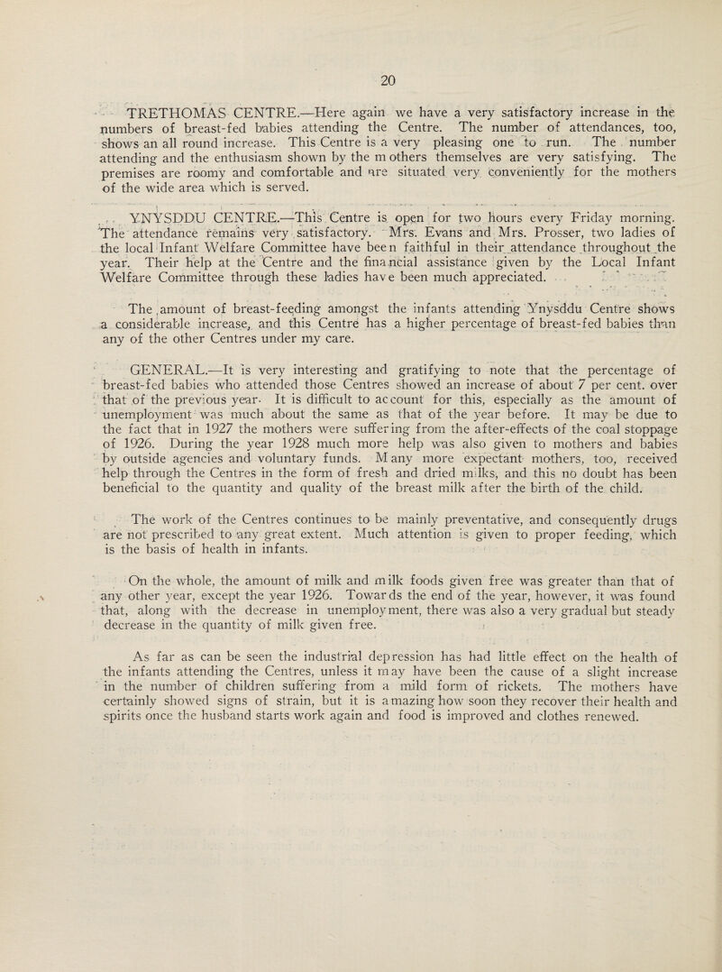 TRETHOMAS CENTRE.—Here again we have a very satisfactory increase in the numbers of breast-fed babies attending the Centre. The number of attendances, too, shows an all round increase. This Centre is a very pleasing one to run. The number attending and the enthusiasm shown by the m others themselves are very satisfying. The premises are roomy and comfortable and are situated very conveniently for the mothers of the wide area which is served. ,.r. YNYSD'DU CENTRE.—This Centre is open for two hours every Friday morning. 'The attendance remains very satisfactory. ' Mrs. Evans and Mrs. Prosser, two ladies of the local Infant' Welfare Committee have been faithful in their ^attendance throughout the year. Their help at the Centre and the financial assistance given by the Local Infant Welfare Committee through these ladies have been much appreciated. The,amount of breast-feeding amongst the infants attending Ynysddu Centre shows a considerable increase, and this Centre has a higher percentage of breast-fed babies than any of the other Centres under my care. GENERAL.—It is very interesting and gratifying to note that the percentage of breast-fed babies who attended those Centres showed an increase of about 7 per cent, over that of the previous year- It is difficult to account for this, especially as the amount of unemployment was much about the same as that of the year before. It may be due to the fact that in 1927 the mothers were suffering from the after-effects of the coal stoppage of 1926. During the year 1928 much more help was also given to mothers and babies by outside agencies and voluntary funds. M any more expectant mothers, too, received help through the Centres in the form of fresh and dried milks, and this no doubt has been beneficial to the quantity and quality of the breast milk after the birth of the child. The work of the Centres continues to be mainly preventative, and consequently drugs are not prescribed to any great extent. Much attention is given to proper feeding, which is the basis of health in infants. On the whole, the amount of milk and milk foods given free was greater than that of any other year, except the year 1926. Towards the end of the year, however, it was found that, along with the decrease in unemployment, there was also a very gradual but steady decrease in the quantity of milk given free. As far as can be seen the industrial depression has had little effect on the health of the infants attending the Centres, unless it may have been the cause of a slight increase in the number of children suffering from a mild form of rickets. The mothers have certainly showed signs of strain, but it is amazing how soon they recover their health and spirits once the husband starts work again and food is improved and clothes renewed.