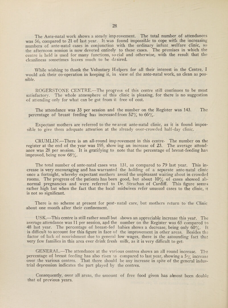 The Ante-natal work shows a steady improvement. The total number of attendances was 56, compared to 21 of last year. It was found impossible to cope with the increasing numbers of ante-natal cases in conjunction with the ordinary infant welfare clinic, so the afternoon session is now devoted entirely to these cases. The premises in which the centre is held is used for many functions, so cial and otherwise, with the result that the cleanliness sometimes leaves much to be desired. While wishing to thank the Voluntary H elpers for all their interest in the Centre, I would ask their co-operation in keeping it, in view of the ante-natal work, as clean as pos¬ sible. ROGERSTONE CENTRE.—The progress of this centre still continues to be most satisfactory. The whole atmosphere of this clinic is pleasing, for there is no suggestion of attending only for what can be got from it free of cost. The attendance was 33 per session and the number on the Register was 143. The percentage of breast feeding has increased from 52% to 66%. Expectant mothers are referred to the nearest ante-natal clinic, as it is found impos¬ sible to give them adequate attention at the already over-crowded half-day clinic. CRUMLIN.—There is an all-round imp rovement in this centre- The number on the register at the end of the year was 195, show ing an increase of 23. The average attend¬ ance was 28 per session. It is gratifying to note that the percentage of breast-feeding has improved, being now 68%. The total number of ante-natal cases was 131, as compared to 79 last year. This in¬ crease is very encouraging and has warranted the holding of a separate ante-natal clinic once a fortnight, whereby expectant mothers avoid the unpleasant waiting about in crowded rooms. The progress of the patients has been good, but about 10% of cases showed ab¬ normal pregnancies and were referred to Dr. Strachan of Cardiff. This figure seems rather high but when the fact that the local midwives refer unusual cases to the clinic, it is not so significant. There is no scheme at present for post- natal care, but mothers return to the Clinic about one month after their confinement. USK.—This centre is still rather small but shows an appreciable increase this yeaf. The average attendance was 11 per session, and the number on the Register was 65 compared to 48 last year. The percentage of breast-fed babies shows a decrease, being only 60%. It is difficult to account for this figure in face of the improvement in other areas. Besides the factor of lack of nourishment due to general low wages, there is the astounding fact that very few families in this area ever drink fresh milk, as it is very difficult to get- GENERAL.—The attendance at the various centres shows an all round increase. The percentage of breast feeding has also risen as compared to last year, showing a 5% increase over the various centres. That there should be any increase in spite of the general indus¬ trial depression indicates the part played by the centres. Consequently, over all areas, the amount of free food given has almost been double that of previous years.