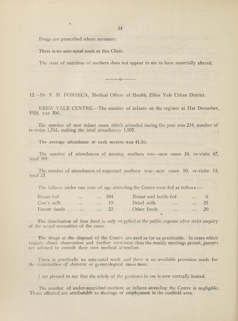 Drugs are prescribed where necessary. There is no ante-natal work at this Clinic. The state of nutrition of mothers does not appear to me to have materially altered. o 12.—Dr- F. M. FONSECA, Medical Officer of Health, Ebbw Vale Urban District. EBBW VALE CENTRE.—The number of infants on the register at 31st December,, 1928, was 304. The number of new infant cases which attended during the year was 234, number of re-visits 1,761, making the total attendances 1,995. ,,,[ The average attendance at each session was 41.56. The number of attendances of nursing mothers was—new cases 34, re-visits 67,. total 101. The number of attendances of expectant mothers was—new cases 10, re-visits 13, total 23. The infants under one year of age attending the Centre were fed as follows : — Breast-fed ... ... 184 Breast and bottle-fed ... 6 Cow’s milk ... ... 19 Dried milk ... ... 25 Patent foods ... ... 23 Other foods ... ... 20 -K The distribution of free food is only su pplied at the public expense after strict enquiry of the actual necessities of the cases. The drugs at the disposal of the Centre are used as far as practicable. In cases which require closer observation and further treatment than the weekly meetings permit, parents are advised to consult their own medical attendant. There is practically no ante-natal work and there is no available provision made for the examination of obstetric or gynsecological cases here. I am pleased to say that the whole of the premises in use is now centrally heated. The number of under-nourished mothers or infants attending the Centre is negligible.. Those affected are attributable to shortage of employment in the coalfield area.