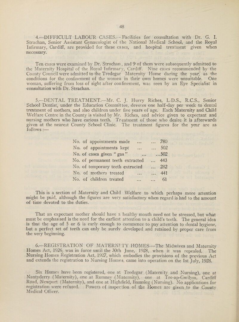 4. —DIFFICULT LABOUR CASES.-— Facilities for consultation with Dr. G. I. Strachan, Senior Assistant Gynaecologist of the National Medical School, and the Royal Infirmary, Cardiff, are provided for these cases, and hospital treatment given when necessary. Ten cases were examined by Dr. Strachan, and 9 of them were subsequently admitted to the Maternity Hospital of the Royal Infirmary, Cardiff. Nine cases recommended by the County Council were admitted to the Tredegar Maternity Home during the year, as the conditions for the confinement of the women in their own homes were unsuitable. One woman, suffering from loss of sight after confinement, was seen by an Eye Specialist in consultation with Dr. Strachan. 5. —DENTAL TREATMENT.—Mr. C. J. Hurry Riches, L-D.S., R.C.S., Senior School Dentist, under the Education Committee, devotes one half-day per week to dental treatment of mothers, and also children under five years of age. Each Maternity and Child Welfare Centre in the County is visited by Mr. Riches, and advice given to expectant and nursing mothers who have carious teeth. Treatment of those who desire it is afterwards given at the nearest County School Clinic. The treatment figures for the year are as follows :— No. of appointments made ... 780 No. of appointments kept ... 502 No. of cases given “gas” ...502 No. of permanent teeth extracted ... 443 No. of temporary teeth extracted ... 282 No. of mothers treated ... 441 No. of children treated 61 This is a section of Maternity and Child Welfare to which perhaps more attention might be paid, although the figures are very satisfactory when regard is had to the amount of time devoted to the duties. That an expectant mother should have a healthy mouth need not be stressed, but what must be emphasised is the need for the earliest attention to a child’s teeth. The general idea is that the age of 5 or 6 is early enough to commence to pay attention to dental hygiene, but a perfect set of teeth can only be surely developed and retained by proper care from the very beginning. 6.—REGISTRATION OF MATERNITY HOMES-—The Midwives and Maternity Homes Act, 1926, was in force until the 30th June, 1928, when it was repealed. The Nursing Homes Registration Act, 1927, which embodies the provisions of the previous Act and extends the registration to Nursing Homes, came into operation on the 1st July, 1928. Six Homes have been registered, one at Tredegar (Maternity and Nursing), one at Nantyderry (Maternity), one at Rumney (Maternity), one at Tre-ap-Gwilym, Cardiff Road, Newport (Maternity), and one at High field, Bassaleg (Nursing). No applications for registration were refused. Powers of inspection of the Homes are given to the County Medical Officer.