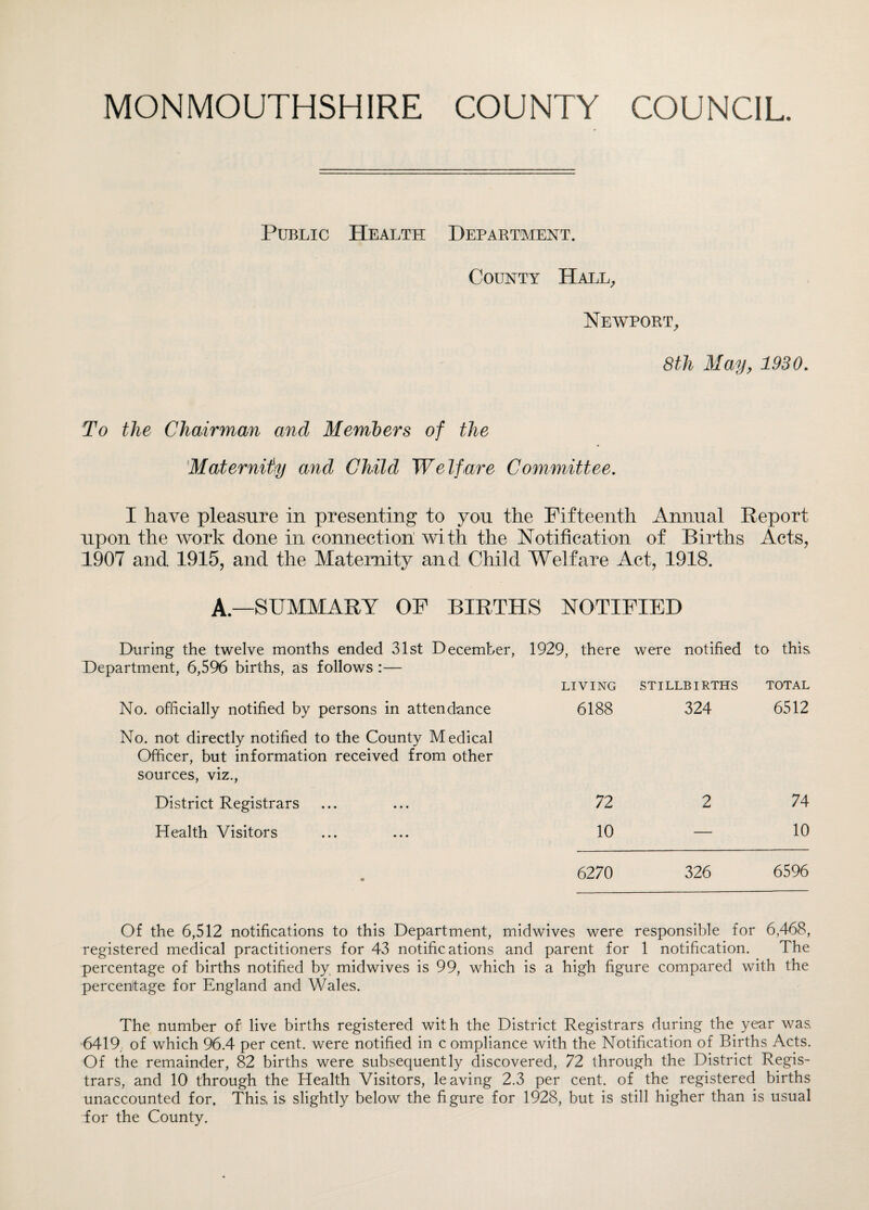 Public Health Department. County Hall, Newport, 8th May, 1930. To the Chairman and Members of the Maternity and Child Welfare Committee. I have pleasure in presenting to yon the Fifteenth Annual Report upon the work done in connection with the Notification of Births Acts, 1907 and 1915, and the Maternity and Child Welfare Act, 1918. A—SUMMARY OF BIRTHS NOTIFIED During the twelve months ended 31st December, 1929, there were notified to this Department, 6,596 births, as follows :— LIVING STILLBIRTHS TOTAL No. officially notified by persons in attendance 6188 324 6512 No. not directly notified to the County Medical Officer, but information received from other sources, viz., District Registrars ... ... 72 2 74 Health Visitors ... ... 10 — 10 6270 326 6596 Of the 6,512 notifications to this Department, midwives were responsible for 6,468, registered medical practitioners for 43 notifications and parent for 1 notification. The percentage of births notified by midwives is 99, which is a high figure compared with the percentage for England and Wales. The number of' live births registered with the District Registrars during the year was. 6419. of which 96.4 per cent, were notified in c ompliance with the Notification of Births Acts. Of the remainder, 82 births were subsequently discovered, 72 through the District Regis¬ trars, and 10 through the Health Visitors, leaving 2.3 per cent, of the registered births unaccounted for. This, is slightly below the figure for 1928, but is still higher than is usual for the County.