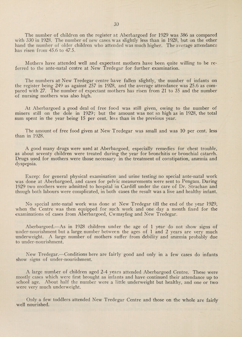 The number of children on the register at Aberbargoed for 1929 was 386 as compared with 330 in 1928. The number of new cases, was slightly less than in 1928, but on the other hand the number of older children who attended was much higher. The average attendance has risen from 45.6 to 47.5. Mothers have attended well and expectant mothers have been quite willing to be re¬ ferred to the ante-natal cenltre at New Tredegar for further examination. The numbers at New Tredegar centre have fallen slightly, the number of infants on the register being 249 as against 257 in 1928, and the average attendance was 25.6 as com¬ pared with 27. The; number of expectant mothers has risen from 21 to 35 and the number of nursing mothers was also high. At Aberbargoed a good deal of free food was still given, owing to the number of miners still on the dole in 1929; but the amount was not so high as in 1928, the total sum spent in the year being 15 per cent, less than in the previous year. The amount of free food given at New Tredegar was small and was 10 per cent, less than in 1928. A good many drugs were used at Aberbargoed, especially remedies for chest trouble, as about seventy children were treated during the year for bronchitis or bronchial catarrh. Drugs used for mothers were those neces-sary in the treatment of constipation, anaemia and dyspepsia. Except for general physical examination and urine testing] no special ante-natal work was done at Aberbargoed, and cases for pelvic measurements were sent to Pengam. During 1929 two mothers were admitted to hospital in Cardiff under the care of Dr. Strachan and though both labours were complicated, in both cases the result was a live and healthy infant. No special ante-natal work was done at New Tredegar till the end of the year 1929, when the Centre was then equipped for such work and one day a month fixed for the examinations of cases from Aberbargoed, Cwmsyfiog and New Tredegar. Aberbargoed.—As in 1928 children under the age of 1 year do not show signs of under-nourishment but a large, number between the ages of 1 and 2 years are very much underweight. A large number of mothers suffer from debility and anaemia probably due to under-nourishment. New Tredegar.—Conditions here are fairly good and only in a few cases do infants show signs of under-nourishment. A large number of children aged 2-4 years attended Aberbargoed Centre. These were mostly cases which were first brought as infants and have continued their attendance up to school age. About half the number were a little underweight but healthy, and one or two were very much underweight. Only a few toddlers attended New Tredegar Centre and those on the whole are fairly well nourished.