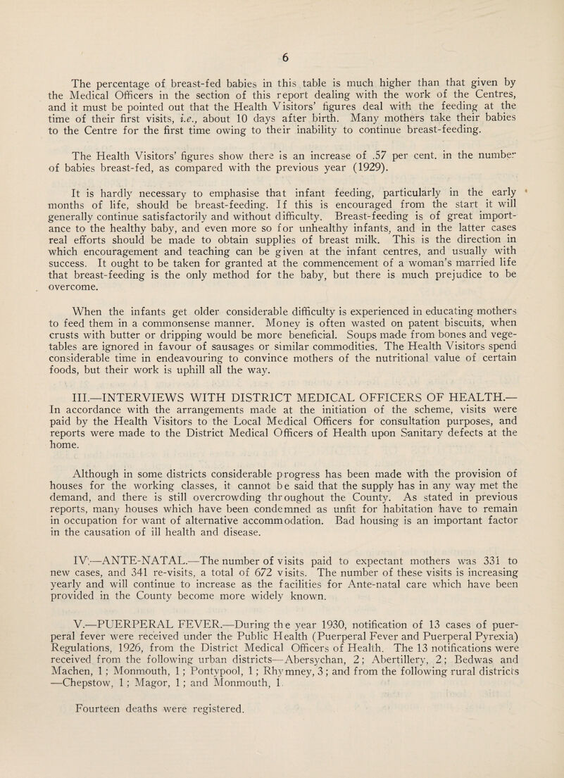 The percentage of breast-fed babies in this table is much higher than that given by the Medical Officers in the section of this report dealing with the work of the Centres, and it must be pointed out that the Health Visitors’ figures deal with the feeding at the time of their first visits, i.e., about 10 days after birth. Many mothers take their babies to the Centre for the first time owing to their inability to continue breast-feeding. The Health Visitors’ figures show there is an increase of .57 per cent, in the number of babies breast-fed, as compared with the previous year (1929). It is hardly necessary to emphasise that infant feeding, particularly in the early months of life, should be breast-feeding. If this is encouraged from the start it will generally continue satisfactorily and without difficulty. Breast-feeding is of great import¬ ance to the healthy baby, and even more so for unhealthy infants, and in the latter cases real efforts should be made to obtain supplies of breast milk. This is the direction in which encouragement and teaching can be given at the infant centres, and usually with success. It ought to be taken for granted at the commencement of a woman’s married life that breast-feeding is the only method for the baby, but there is much prejudice to be overcome. When the infants get older considerable difficulty is experienced in educating mothers to feed them in a commonsense manner. Money is often wasted on patent biscuits, when crusts with butter or dripping would be more beneficial. Soups made from bones and vege¬ tables are ignored in favour of sausages or similar commodities. The Health Visitors spend considerable time in endeavouring to convince mothers of the nutritional value of certain foods, but their work is uphill all the way. III.—INTERVIEWS WITH DISTRICT MEDICAL OFFICERS OF HEALTH.— In accordance with the arrangements made at the initiation of the scheme, visits were paid by the Health Visitors to the Local Medical Officers for consultation purposes, and reports were made to the District Medical Officers of Health upon Sanitary defects at the home. Although in some districts considerable progress has been made with the provision of houses for the working classes, it cannot be said that the supply has in any way met the demand, and there is still overcrowding throughout the County. As stated in previous reports, many houses which have been condemned as unfit for habitation have to remain in occupation for want of alternative accommodation. Bad housing is an important factor in the causation of ill health and disease. IV;—ANTE-NATAL.—The number of visits paid to expectant mothers was 331 to new cases, and 341 re-visits, a total of 672 visits. The number of these visits is increasing yearly and will continue to increase as the facilities for Ante-natal care which have been provided in the County become more widely known. V.—PUERPERAL FEVER.—During the year 1930, notification of 13 cases of puer¬ peral fever were received under the Public Health (Puerperal Fever and Puerperal Pyrexia) Regulations, 1926, from the District Medical Officers of Health. The 13 notifications were received from the following urban districts—Abersychan, 2; Abertillery, 2; Bedwas and Machen, 1 ; Monmouth, 1; Pontypool, 1; Rhymney, 3 ; and from the following rural districts —Chepstow, 1 ; Magor, 1 ; and Monmouth, i Fourteen deaths were registered.