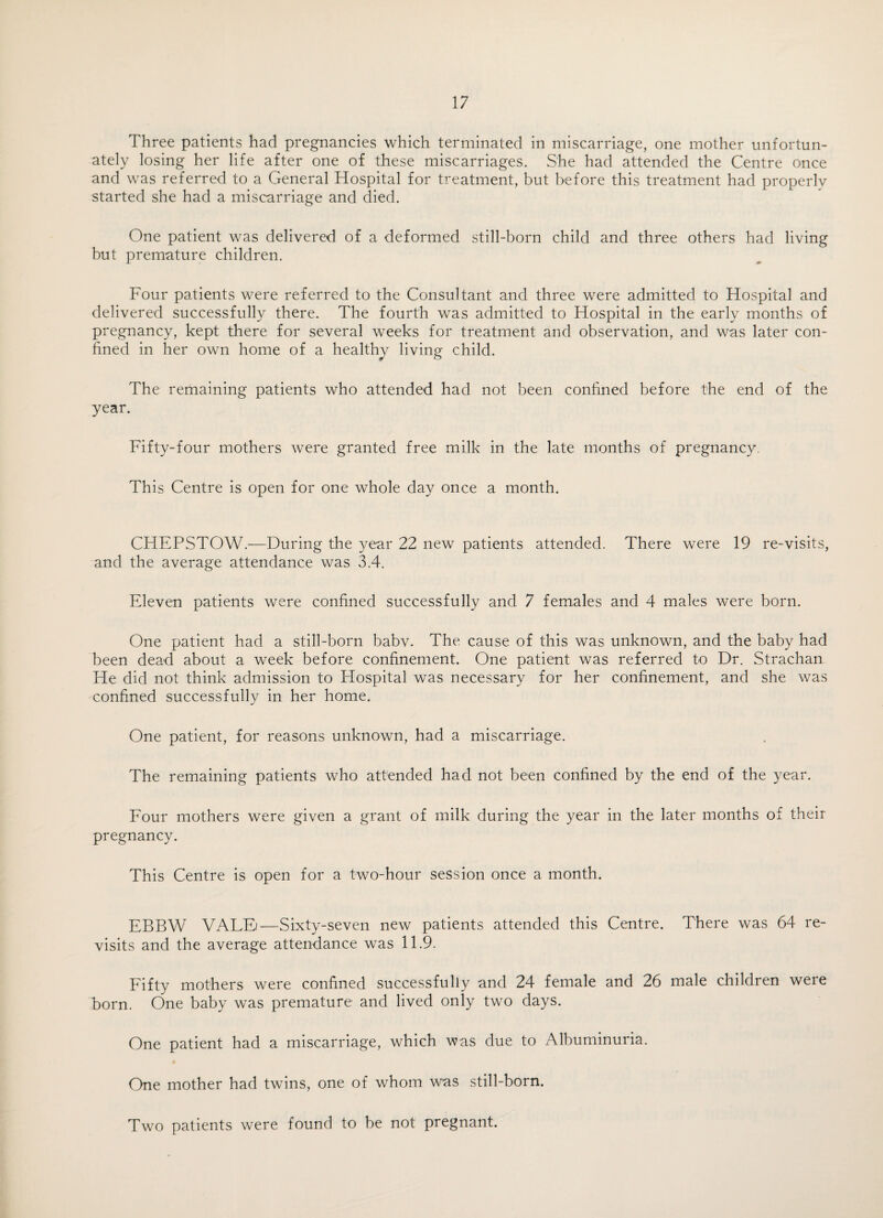Three patients had pregnancies which terminated in miscarriage, one mother unfortun¬ ately losing her life after one of these miscarriages. She had attended the Centre once and was referred to a General Hospital for treatment, but before this treatment had properly started she had a miscarriage and died. One patient was delivered of a deformed still-born child and three others had living but premature children. Four patients were referred to the Consultant and three were admitted to Hospital and delivered successfully there. The fourth was admitted to Hospital in the early months of pregnancy, kept there for several weeks for treatment and observation, and was later con¬ fined in her own home of a healthy living child. The remaining patients who attended had not been confined before the end of the year. Fifty-four mothers were granted free milk in the late months of pregnancy. This Centre is open for one whole day once a month. CHEPSTOW.—During the year 22 new patients attended. There were 19 re-visits, and the average attendance was 3.4. Eleven patients were confined successfully and 7 females and 4 males were born. One patient had a still-born babv. The cause of this was unknown, and the baby had been dead about a week before confinement. One patient was referred to Dr. Strachan He did not think admission to Hospital was necessary for her confinement, and she was confined successfully in her home. One patient, for reasons unknown, had a miscarriage. The remaining patients who attended had not been confined by the end of the year. Four mothers were given a grant of milk during the year in the later months of their pregnancy. This Centre is open for a two-hour session once a month. EBBW VALEi—Sixty-seven new patients attended this Centre. There was 64 re¬ visits and the average attendance was 11.9. Fifty mothers were confined successfully and 24 female and 26 male children were born. One baby was premature and lived only two days. One patient had a miscarriage, which was due to Albuminuria. One mother had twins, one of whom was still-born.