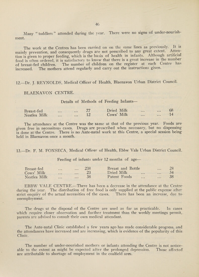 Many “ toddlers ” attended during the year. There were no signs of under-nourish ment. The work at the Centres has been carried on on the same lines as previously. It is mainly prevention, and consequently drugs are not prescribed to any great extent. Atten¬ tion is given to proper feeding, which is the basis of health in infants. Although aitificial food is often ordered, it is satisfactory to know that there is a great increase in the number of breast-fed children. The number of children on the register at each Centre has. increased. The mothers attend regularly and carry out the instructions given. 12—Dr. J. REYNOLDS, Medical Officer of Health, Blaenavon Urban District Council. BLAENAVON CENTRE. Details of Methods of Feeding Infants— Breast-fed ... ... 77 Dried Milk ... ... 68 Nestles Milk ... ... 12 Cows' Milk ... ... 14 The attendance at the Centre was the same at that of the previous year. Foods are given free in necessitous cases. Drugs are prescribed when necessary, but no dispensing is done at/the Centre. There is no Ante-natal work at this Centre, a special session being held in Blaenavon once a month. 13.—Dr. F. M. FONSECA, Medical Officer of Health, Ebbw Vale Urban District Council.. Feeding of infants under 12 months of age— Breast-fed ... 238 Breast and Bottle 28 Cows’ Milk 23 Dried Milk 34 Nestles Milk 38 Patent Foods 38 EBBW VALE CENTRE.—There has been a decrease in the attendance at the Centre during the year. The distribution of free food is only supplied at the public expense after strict enquiry of the actual necessities of the cases. There has been an increase, due to* unemployment. The drugs at the disposal of the Centre are used as far as practicable. In cases which require closer observation and further treatment than the weekly meetings permit,, parents are advised to consult their own medical attendant. The Ante-natal Clinic established a few years ago has made considerable progress, and the attendances have increased and are increasing, which is evidence of the popularity of this Clinic. The number of under-nourished mothers or infants attending the Centre is not notice¬ able to the extent as might be expected after the prolonged depression. Those affected are attributable to shortage of employment in the coalfield area.