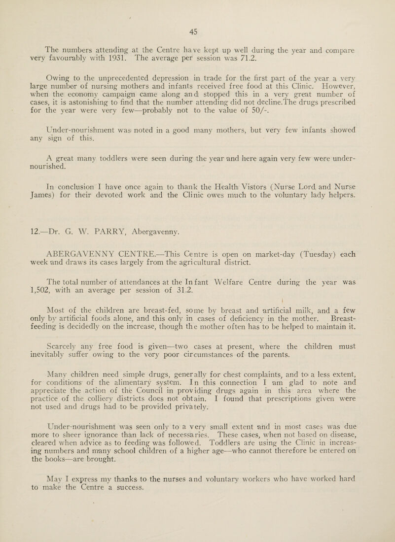 The numbers attending at the Centre have kept up well during the year and compare very favourably with 1931. The average per session was 71.2. Owing to the unprecedented depression in trade for the first part of the year a very large number of nursing mothers and infants received free food at this Clinic. However, when the economy campaign came along and stopped this in a very great number of cases, it is astonishing to find that the number attending did not decline.The drugs prescribed for the year were very few—probably not to the value of 50/-. Under-nourishment was' noted in a good many mothers, but very few infants showed any sign of this. A great many toddlers were seen during the year and here again very few were under¬ nourished. In conclusion I have once again to thank the Health; Vistors (Nurse Lord, and Nurse James) for their devoted work and the Clinic owes much to the voluntary^ lady helpers. 12.—Dr. G. W. PARRY, Abergavenny. ABERGAVENNY CENTRE.—This Centre is open on market-day (Tuesday) each week and draws its cases largely from the agricultural district. The total number of attendances at the In fant Welfare Centre during the year was 1,502, with an average per session of 31.2. I Most of the children are breast-fed, some by breast and artificial milk, and a few only by artificial foods alone, and this only in cases of deficiency in the mother. Breast¬ feeding is decidedly on the increase, though the mother often has to be helped to maintain it. Scarcely any free food is given—two cases at present, where the children must inevitably suffer owing to the very poor circumstances of the parents. Many children need simple drugs, generally for chest complaints, and tO( a less extent, for conditions' of the alimentary system. In this connection I am glad to note and appreciate the action of the Council in providing drugs again in this area where the practice of the colliery districts does not obtain. I found that prescriptions given were not used and drugs had to be provided privately. LYder-nourishment was seen only to a very small extent and in most cases was due more to sheer ignorance than lack of necessaries. These cases, when not based on disease, cleared when advice as to feeding was followed. Toddlers are using the Clinic in increas¬ ing numbers and many school children of a higher age—who cannot therefore be entered on the books—are brought. May I express my thanks to the nurses and voluntary workers who have worked hard to make the Centre a success.