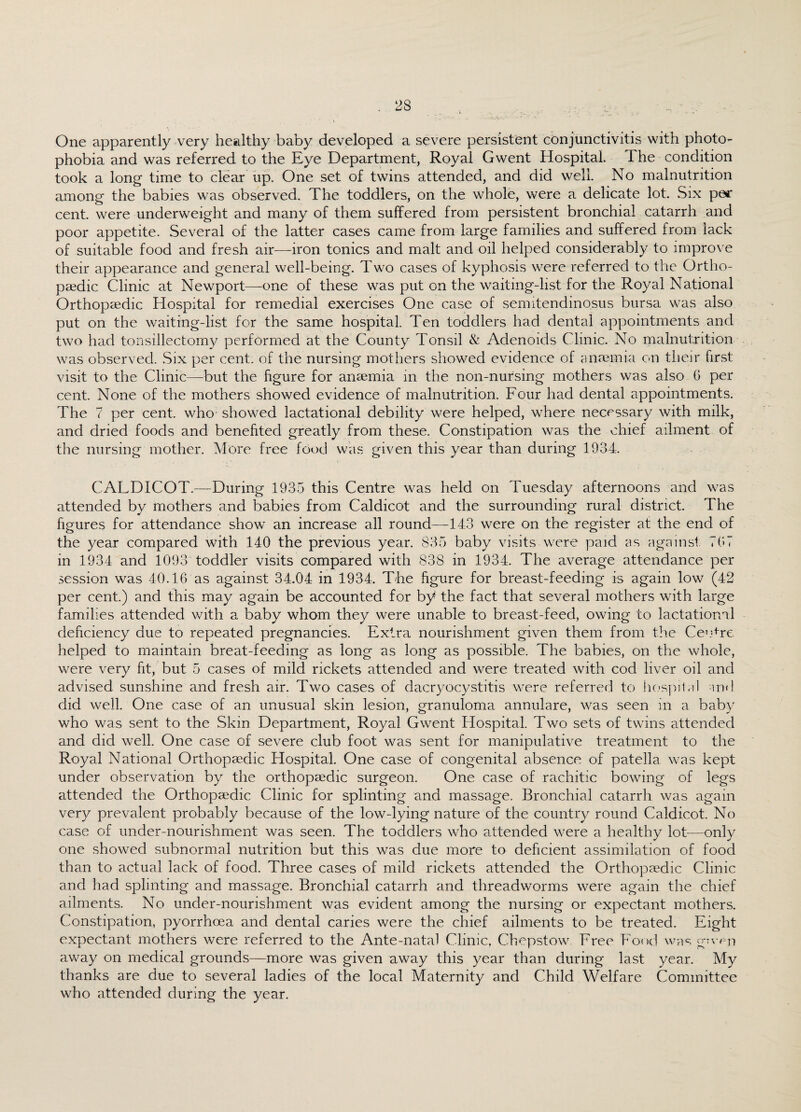 One apparently very healthy baby developed a severe persistent conjunctivitis with photo¬ phobia and was referred to the Eye Department, Royal Gwent Hospital. The condition took a long time to clear up. One set of twins attended, and did well. No malnutrition among the babies was observed. The toddlers, on the whole, were a delicate lot. Six per cent, were underweight and many of them suffered from persistent bronchial catarrh and poor appetite. Several of the latter cases came from large families and suffered from lack of suitable food and fresh air—iron tonics and malt and oil helped considerably to improve their appearance and general well-being. Two cases of kyphosis were referred to the Ortho¬ paedic Clinic at Newport-—one of these was put on the waiting-list for the Royal National Orthopaedic Hospital for remedial exercises One case of semitendinosus bursa was also put on the waiting-list for the same hospital. Ten toddlers had dental appointments and two had tonsillectomy performed at the County Tonsil & Adenoids Clinic. No malnutrition was observed. Six per cent, of the nursing mothers showed evidence of anaemia on their first visit to the Clinic—but the figure for anaemia in the non-nursing mothers was also G per cent. None of the mothers showed evidence of malnutrition. Four had dental appointments. The 7 per cent, who showed lactational debility were helped, where necessary with milk, and dried foods and benefited greatly from these. Constipation was the chief ailment of the nursing mother. More free food was given this year than during 1934. CALDICOT.—During 1935 this Centre was held on Tuesday afternoons and was attended by mothers and babies from Caldicot and the surrounding rural district. The figures for attendance show an increase all round—143 were on the register at the end of the year compared with 140 the previous year. 835 baby visits were paid as against: 7G7 in 1934 and 1093 toddler visits compared with 838 in 1934. The average attendance per session was 40.16 as against 34.04 in 1934. The figure for breast-feeding is again low (42 per cent.) and this may again be accounted for by the fact that several mothers with large families attended with a baby whom they were unable to breast-feed, owing co lactational deficiency due to repeated pregnancies. Extra nourishment given them from the Centre helped to maintain breat-feeding as long as long as possible. The babies, on the whole, were very fit, but 5 cases of mild rickets attended and were treated with cod liver oil and advised sunshine and fresh air. Two cases of dacryocystitis were referred to hospital and did well. One case of an unusual skin lesion, granuloma annulare, was seen in a baby who was sent to the Skin Department, Royal Gwent Hospital. Two sets of twins attended and did well. One case of severe club foot was sent for manipulative treatment to the Royal National Orthopaedic Hospital. One case of congenital absence of patella was kept under observation by the orthopaedic surgeon. One case of rachitic bowing of legs attended the Orthopaedic Clinic for splinting and massage. Bronchial catarrh was again very prevalent probably because of the low-lying nature of the country round Caldicot. No case of under-nourishment was seen. The toddlers who attended were a healthy lot—only one showed subnormal nutrition but this was due more to deficient assimilation of food than to actual lack of food. Three cases of mild rickets attended the Orthopaedic Clinic and had splinting and massage. Bronchial catarrh and threadworms were again the chief ailments. No under-nourishment was evident among the nursing or expectant mothers. Constipation, pyorrhoea and dental caries were the chief ailments to be treated. Eight expectant mothers were referred to the Ante-natal Clinic, Chepstow Free Food was away on medical grounds—more was given away this year than during last year. My thanks are due to several ladies of the local Maternity and Child Welfare Committee who attended during the year.