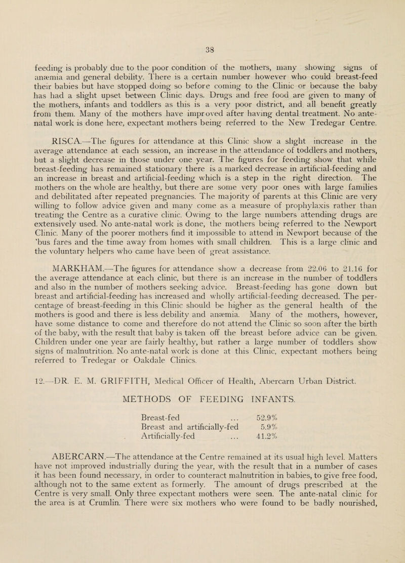 feeding is probably due to the poor condition of the mothers, many showing signs of anaemia and general debility. There is a certain number however who could breast-feed their babies but have stopped doing so before coming to the Clinic or because the baby has had a slight upset between Clinic days. Drugs and free food are given to many of the mothers, infants and toddlers as this is a very poor district, and all benefit greatly from them. Many of the mothers have improved after having dental treatment. No ante¬ natal work is done here, expectant mothers being referred to the New Tredegar Centre. RISCA.—The figures for attendance at this Clinic show a slight increase in the average attendance at each session, an increase in the attendance of toddlers and mothers, but a slight decrease in those under one year. The figures for feeding show that while breast-feeding has remained stationary there is a marked decrease in artificial-feeding and an increase in breast and artificial-feeding which is a step in the right direction. The mothers on the whole are healthy, but there are some very poor ones with large families and debilitated after repeated pregnancies. The majority of parents at this Clinic are very willing to follow advice given and many come as a measure of prophylaxis rather than treating the Centre as a curative clinic. Owing to the large numbers attending drugs are extensively used. No ante-natal work is done, the mothers being referred to the Newport Clinic. Many of the poorer mothers find it impossible to attend in Newport because of the ’bus fares and the time away from homes with small children. This is a large clinic and the voluntary helpers who came have been of great assistance. MARKHAM.—The figures for attendance show a decrease from 22.06 to 21.16 for the average attendance at each clinic, but there is an increase in the number of toddlers and also in the number of mothers seeking advice. Breast-feeding has gone down but breast and artificial-feeding has increased and wholly artificial-feeding decreased. The per¬ centage of breast-feeding in this Clinic should be higher as the general health of the mothers is good and there is less debility and anaemia. Many of the mothers, however, have some distance to come and therefore do not attend the Clinic so soon after the birth of the baby, with the result that baby is taken off the breast before advice can be given. Children under one year are fairly healthy, but rather a large number of toddlers show signs of malnutrition. No ante-natal work is done at this Clinic, expectant mothers being referred to Tredegar or Oakdale Clinics. 12.—DR. E. M. GRIFFITH, Medical Officer of Health, Abercarn Urban District. METHODS OF FEEDING INFANTS. Breast-fed ... 52.9% Breast and artificially-fed 5.9% Artificially-fed ... 41.2% ABERCARN.—The attendance at the Centre remained at its usual high level. Matters have not improved industrially during the year, with the result that in a number of cases it has been found necessary, in order to counteract malnutrition in babies, to give free food, although not to the same extent as formerly. The amount of drugs prescribed at the Centre is very small. Only three expectant mothers were seen. The ante-natal clinic for the area is at Crumlin. There were six mothers who were found to be badly nourished.