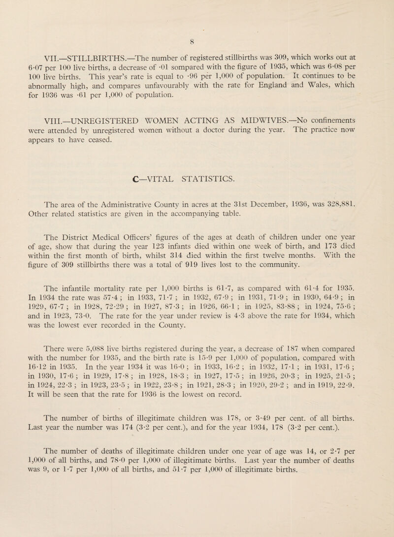 VII.—STILLBIRTHS.—The number of registered stillbirths was 309, which works out at 6-07 per 100 live births, a decrease of -01 sompared with the figure of 1935, which was 6-08 per 100 live births. This year’s rate is equal to -96 per 1,000 of population. It continues to be abnormally high, and compares unfavourably with the rate for England and Wales, which for 1936 was -61 per 1,000 of population. VIII.—UNREGISTERED WOMEN ACTING AS MIDWIVES.—No confinements were attended by unregistered women without a doctor during the year. 1 he practice now appears to have ceased. C—VITAL STATISTICS. The area of the Administrative County in acres at the 31st December, 1936, was 328,881. Other related statistics are given in the accompanying table. The District Medical Officers’ figures of the ages at death of children under one year of age, show that during the year 123 infants died within one week of birth, and 173 died within the first month of birth, whilst 314 died within the first twelve months. With the figure of 309 stillbirths there was a total of 919 lives lost to the community. The infantile mortality rate per 1,000 births is 61-7, as compared with 61-4 for 1935. In 1934 the rate was 57*4 ; in 1933, 71-7 ; in 1932, 67-9 ; in 1931, 71-9 ; in 1930, 64-9 ; in 1929, 67*7 ; in 1928, 72-29; in 1927, 87-3 ; in 1926, 66-1 ; in 1925, 83-88 ; in 1924, 75-6 ; and in 1923, 73-0. The rate for the year under review is 4-3 above the rate for 1934, which was the lowest ever recorded in the County. There were 5,088 live births registered during the year, a decrease of 187 when compared with the number for 1935, and the birth rate is 15-9 per 1,000 of population, compared with 16-12 in 1935. In the year 1934 it was 16-0 ; in 1933, 16-2 ; in 1932, 17-1 ; in 1931, 17-6 ; in 1930, 17-6 ; in 1929, 17-8 ; in 1928, 18-3 ; in 1927, 17-5 ; in 1926, 20-3 ; in 1925, 21-5 ; in 1924, 22-3; in 1923, 23-5 ; in 1922, 23-8 ; in 1921, 28-3 ; in 1920, 29-2 ; and in 1919, 22-9. It will be seen that the rate for 1936 is the lowest on record. The number of births of illegitimate children was 178, or 3-49 per cent, of all births. Last year the number was 174 (3-2 per cent.), and for the year 1934, 178 (3-2 per cent.). The number of deaths of illegitimate children under one year of age was 14, or 2-7 per 1,000 of all births, and 78-0 per 1,000 of illegitimate births. Last year the number of deaths was 9, or 1-7 per 1,000 of all births, and 51-7 per 1,000 of illegitimate births.