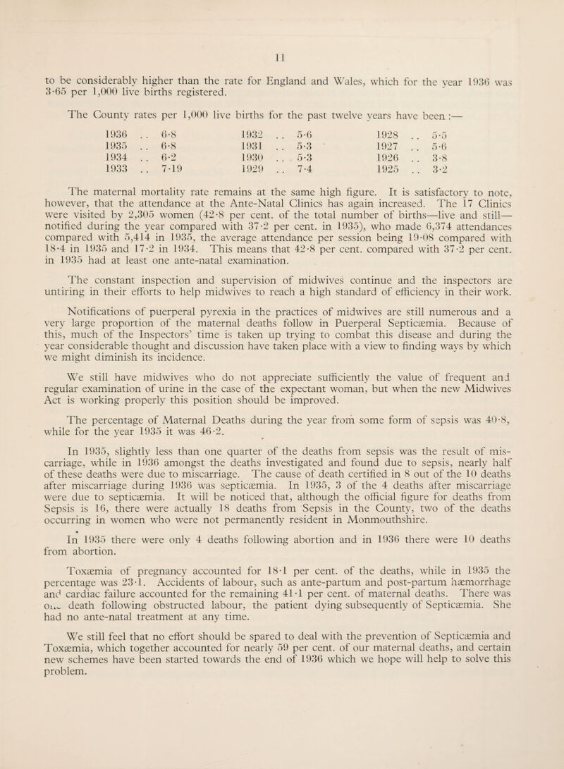 to be considerably higher than the rate for England and Wales, which for the year 1936 was 3-65 per 1,000 live births registered. The County rates per 1,000 live births for the past twelve years have been:— 1936 .. 6*8 1932 .. 5*6 1928 .. 5*5 1935 .. 6*8 1931 .. 5*3 1927 .. 5*6 1934 .. 6*2 1930 .. 5*3 1926 .. 3*8 1933 .. 7*19 1929 .. 7*4 1925 .. 3*2 The maternal mortality rate remains at the same high figure. It is satisfactory to note, however, that the attendance at the Ante-Natal Clinics has again increased. The 17 Clinics were visited by 2,305 women (42-8 per cent, of the total number of births—live and still— notified during the year compared with 37*2 per cent, in 1935), who made 6,374 attendances compared with 5,414 in 1935, the average attendance per session being 19*08 compared with 18*4 in 1935 and 17*2 in 1934. This means that 42*8 per cent, compared with 37*2 per cent, in 1935 had at least one ante-natal examination. The constant inspection and supervision of midwives continue and the inspectors are untiring in their efforts to help midwives to reach a high standard of efficiency in their work. Notifications of puerperal pyrexia in the practices of midwives are still numerous and a very large proportion of the maternal deaths follow in Puerperal Septicaemia. Because of this, much of the Inspectors’ time is taken up trying to combat this disease and during the year considerable thought and discussion have taken place with a view to finding ways by which we might diminish its incidence. We still have midwives who do not appreciate sufficiently the value of frequent and regular examination of urine in the case of the expectant woman, but when the new Midwives Act is working properly this position should be improved. The percentage of Maternal Deaths during the year from some form of sepsis was 40*8, while for the year 1935 it was 46*2. In 1935, slightly less than one quarter of the deaths from sepsis was the result of mis¬ carriage, while in 1936 amongst the deaths investigated and found due to sepsis, nearly half of these deaths were due to miscarriage. The cause of death certified in 8 out of the 10 deaths after miscarriage during 1936 was septicaemia. In 1935, 3 of the 4 deaths after miscarriage were due to septicaemia. It will be noticed that, although the official figure for deaths from Sepsis is 16, there were actually 18 deaths from Sepsis in the County, two of the deaths occurring in women who were not permanently resident in Monmouthshire. In 1935 there were only 4 deaths following abortion and in 1936 there were 10 deaths from abortion. Toxaemia of pregnancy accounted for 18*1 per cent, of the deaths, while in 1935 the percentage was 23*1. Accidents of labour, such as ante-partum and post-partum haemorrhage and cardiac failure accounted for the remaining 4T1 per cent, of maternal deaths. There was Oi^ death following obstructed labour, the patient dying subsequently of Septicaemia. She had no ante-natal treatment at any time. We still feel that no effort should be spared to deal with the prevention of Septicaemia and Toxaemia, which together accounted for nearly 59 per cent, of our maternal deaths, and certain new schemes have been started towards the end of 1936 which we hope will help to solve this problem.