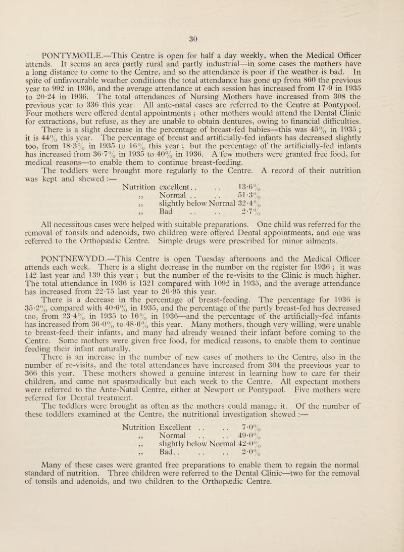 PONTYMOILE.—This Centre is open for half a day weekly, when the Medical Officer attends. It seems an area partly rural and partly industrial—in some cases the mothers have a long distance to come to the Centre, and so the attendance is poor if the weather is bad. In spite of unfavourable weather conditions the total attendance has gone up from 860 the previous year to 992 in 1936, and the average attendance at each session has increased from 17*9 in 1935 to 20-24 in 1936. The total attendances of Nursing Mothers have increased from 308 the previous year to 336 this year. All ante-natal cases are referred to the Centre at Pontypool. Four mothers were offered dental appointments ; other mothers would attend the Dental Clinic for extractions, but refuse, as they are unable to obtain dentures, owing to financial difficulties. There is a slight decrease in the percentage of breast-fed babies—this was 45% in 1935 ; it is 44% this year. The percentage of breast and artificially-fed infants has decreased slightly too, from 18-3% in 1935 to 16% this year; but the percentage of the artificially-fed infants has increased from 36-7% in 1935 to 40% in 1936. A few mothers were granted free food, for medical reasons—to enable them to continue breast-feeding. The toddlers were brought more regularly to the Centre. A record of their nutrition was kept and shewed :— Nutrition excellent.. .. 13-6% ,, Normal .. .. 51-3% ,, slightly below Normal 32-4% ,, Bad . . . . 2-7% All necessitous cases were helped with suitable preparations. One child was referred for the removal of tonsils and adenoids, two children were offered Dental appointments, and one was referred to the Orthopaedic Centre. Simple drugs were prescribed for minor ailments. PONTNEWYDD.—This Centre is open Tuesday afternoons and the Medical Officer attends each week. There is a slight decrease in the number on the register for 1936 ; it was 142 last year and 139 this year ; but the number of the re-visits to the Clinic is much higher. The total attendance in 1936 is 1321 compared with 1092 in 1935, and the average attendance has increased from 22-75 last year to 26-95 this year. There is a decrease in the percentage of breast-feeding. The percentage for 1936 is 35-2% compared with 40*6% in 1935, and the percentage of the partly breast-fed has decreased too, from 23-4% in 1935 to 16% in 1936—and the percentage of the artificially-fed infants has increased from 36-0% to 48-6% this year. Many mothers, though very willing, were unable to breast-feed their infants, and many had already weaned their infant before coming to the Centre. Some mothers were given free food, for medical reasons, to enable them to continue feeding their infant naturally. There is an increase in the number of new cases of mothers to the Centre, also in the number of re-visits, and the total attendances have increased from 304 the preevious year to 366 this year. These mothers showed a genuine interest in learning how to care for their children, and came not spasmodically but each week to the Centre. All expectant mothers were referred to the Ante-Natal Centre, either at Newport or Pontypool. Five mothers were referred for Dental treatment. The toddlers were brought as often as the mothers could manage it. Of the number of these toddlers examined at the Centre, the nutritional investigation shewed :— Nutrition Excellent . . . . 7-0% „ Normal . . . . 49-0% ,, slightly below Normal 42 -0% ,, Bad. . . . . . 2-0% Many of these cases were granted free preparations to enable them to regain the normal standard of nutrition. Three children were referred to the Dental Clinic—two for the removal of tonsils and adenoids, and two children to the Orthopaedic Centre.