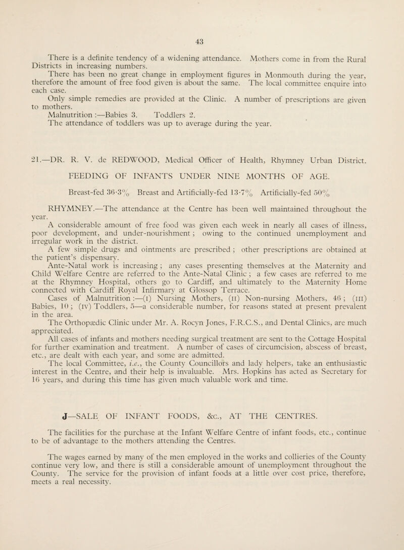 There is a definite tendency of a widening attendance. Mothers come in from the Rural Districts in increasing numbers. There has been no great change in employment figures in Monmouth during the year, therefore the amount of free food given is about the same. The local committee enquire into each case. Only simple remedies are provided at the Clinic. A number of prescriptions are given to mothers. Malnutrition :—Babies 3. Toddlers 2. The attendance of toddlers was up to average during the year. 21.—DR. R. V. de REDWOOD, Medical Officer of Health, Rhymney Urban District. FEEDING OF INFANTS UNDER NINE MONTHS OF AGE. Breast-fed 36-3% Breast and Artificially-fed 13-7% Artificially-fed 50% RHYMNEY.—The attendance at the Centre has been well maintained throughout the year. A considerable amount of free food was given each week in nearly all cases of illness, poor development, and under-nourishment; owing to the continued unemployment and irregular work in the district. A few simple drugs and ointments are prescribed ; other prescriptions are obtained at the patient’s dispensary. Ante-Natal work is increasing ; any cases presenting themselves at the Maternity and Child Welfare Centre are referred to the Ante-Natal Clinic ; a few cases are referred to me at the Rhymney Hospital, others go to Cardiff, and ultimately to the Maternity Home connected with Cardiff Royal Infirmary at Glossop Terrace. Cases of Malnutrition :—(i) Nursing Mothers, (n) Non-nursing Mothers, 46 ; (hi) Babies, 10 ; (iv) Toddlers, 5—a considerable number, for reasons stated at present prevalent in the area. The Orthopaedic Clinic under Mr. A. Rocyn Jones, F.R.C.S., and Dental Clinics, are much appreciated. All cases of infants and mothers needing surgical treatment are sent to the Cottage Hospital for further examination and treatment. A number of cases of circumcision, abscess of breast, etc., are dealt with each year, and some are admitted. The local Committee, i.e., the County Councillors and lady helpers, take an enthusiastic interest in the Centre, and their help is invaluable. Mrs. Hopkins has acted as Secretary for 16 years, and during this time has given much valuable work and time. J—SALE OF INFANT FOODS, &c., AT THE CENTRES. The facilities for the purchase at the Infant Welfare Centre of infant foods, etc., continue to be of advantage to the mothers attending the Centres. The wages earned by many of the men employed in the works and collieries of the County continue very low, and there is still a considerable amount of unemployment throughout the County. The service for the provision of infant foods at a little over cost price, therefore, meets a real necessity.