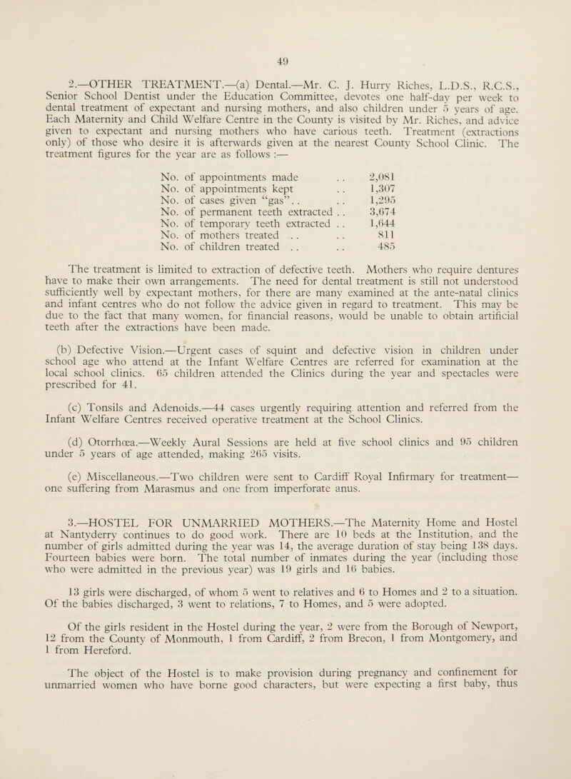 -•—OTHER TREATMENT.—(a) Dental.—Mr. C. J. Hurry Riches, L.D.S., R.C.S., Senior School Dentist under the Education Committee, devotes one half-day per week to dental treatment of expectant and nursing mothers, and also children under 5 years of age. Each Maternity and Child Welfare Centre in the County is visited by Mr. Riches, and advice given to expectant and nursing mothers who have carious teeth. Treatment (extractions only) of those who desire it is afterwards given at the nearest County School Clinic. The treatment figures for the year are as follows :— No. of appointments made . . 2,081 No. of appointments kept . . 1,307 No. of cases given “gas”.. .. 1,295 No. of permanent teeth extracted . . 3,674 No. of temporary teeth extracted . . 1,644- No. of mothers treated . . . . 811 No. of children treated . . . . 485 The treatment is limited to extraction of defective teeth. Mothers who require dentures have to make their own arrangements. The need for dental treatment is still not understood sufficiently well by expectant mothers, for there are many examined at the ante-natal clinics and infant centres who do not follow the advice given in regard to treatment. This may be due to the fact that many women, for financial reasons, would be unable to obtain artificial teeth after the extractions have been made. (b) Defective Vision.—Urgent cases of squint and defective vision in children under school age who attend at the Infant Welfare Centres are referred for examination at the local school clinics. 65 children attended the Clinics during the year and spectacles were prescribed for 41. (c) Tonsils and Adenoids.—44 cases urgently requiring attention and referred from the Infant Welfare Centres received operative treatment at the School Clinics. (d) Otorrhoea.—Weekly Aural Sessions are held at five school clinics and 95 children under 5 years of age attended, making 265 visits. (e) Miscellaneous.—Two children were sent to Cardiff Royal Infirmary for treatment— one suffering from Marasmus and one from imperforate anus. 3.—HOSTEL FOR UNMARRIED MOTHERS.—The Maternity Home and Hostel at Nantyderry continues to do good work. There are 10 beds at the Institution, and the number of girls admitted during the year was 14, the average duration of stay being 138 days. Fourteen babies were born. The total number of inmates during the year (including those who were admitted in the previous year) was 19 girls and 16 babies. 13 girls were discharged, of whom 5 went to relatives and 6 to Homes and 2 to a situation. Of the babies discharged, 3 went to relations, 7 to Homes, and 5 were adopted. Of the girls resident in the Hostel during the year, 2 were from the Borough of Newport, 12 from the County of Monmouth, 1 from Cardiff, 2 from Brecon, 1 from Montgomery, and 1 from Hereford. The object of the Hostel is to make provision during pregnancy and confinement for unmarried women who have borne good characters, but were expecting a first baby, thus