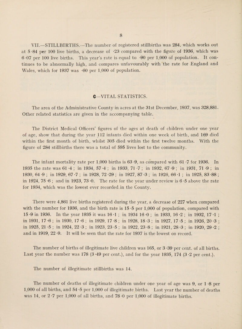 VII.—STILLBIRTHS.—The number of registered stillbirths was 284. which works out at 5 -84 per 100 live births, a decrease of *23 compared with the figure of 1936, which was 6 *07 per 100 live births. This year’s rate is equal to *90 per 1,000 of population. It con¬ tinues to be abnormally high, and compares unfavourably with the rate for England and Wales, which for 1937 was *60 per 1,000 of population. C—VITAL STATISTICS. The area of the Administrative County in acres at the 31st December, 1937, was 328,881. Other related statistics are given in the accompanying table. The District Medical Officers’ figures of the ages at death of children under one year of age, show that during the year 112 infants died within one week of birth, and 169 died within the first month of birth, whilst 305 died within the first twelve months. With the figure of 284 stillbirths there was a total of 595 lives lost to the community. The infant mortality rate per 1,000 births is 63 *9, as compared with 61 *7 for 1936. In 1935 the rate was 61 *4 ; in 1934, 57 *4 ; in 1933, 71 *7 ; in 1932, 67 *9 ; in 1931, 71 *9 ; in 1930, 64 *9 ; in 1929, 67 *7 ; in 1928, 72 *29 ; in 1927, 87 *3 ; in 1926, 66 *1 ; in 1925, 83 *88 ; in 1924, 75 *6 ; and in 1923, 73 *0. The rate for the year under review is 6 *5 above the rate for 1934, which was the lowest ever recorded.in the County. There were 4,861 live births registered during the year, a decrease of 227 when compared with the number for 1936, and the birth rate is 15 *5 per 1,000 of population, compared with 15 *9 in 1936. In the year 1935 it was 16 *1 ; in 1934 16 *0 ; in 1933, 16 *2 ; in 1932, 17 *1 ; in 1931, 17 *6 ; in 1930, 17 *6 ; in 1929, 17 *8 ; in 1928, 18 *3 ; in 1927, 17 *5 ; in 1926, 20 *3 ; in 1925, 21 *5 ; in 1924, 22 *3 ; in 1923, 23 *5 ; in 1922, 23 *8 ; in 1921, 28 *3 ; in 1920, 29 *2 ; and in 1919, 22 *9. It will be seen that the rate for 1937 is the lowest on record. The number of births of illegitimate live children was 165, or 3 *39 per cent, of all births. Last year the number was 178 (3 *49 per cent.), and for the year 1935, 174 (3 *2 per cent.). The number of illegitimate stillbirths was 14. The number of deaths of illegitimate children under one year of age was 9, or 1 *8 per 1,000 of all births, and 54 *5 per 1,000 of illegitimate births. Last year the number of deaths was 14, or 2 *7 per 1,000 of all births, and 78 *0 per 1,000 of illegitimate births.