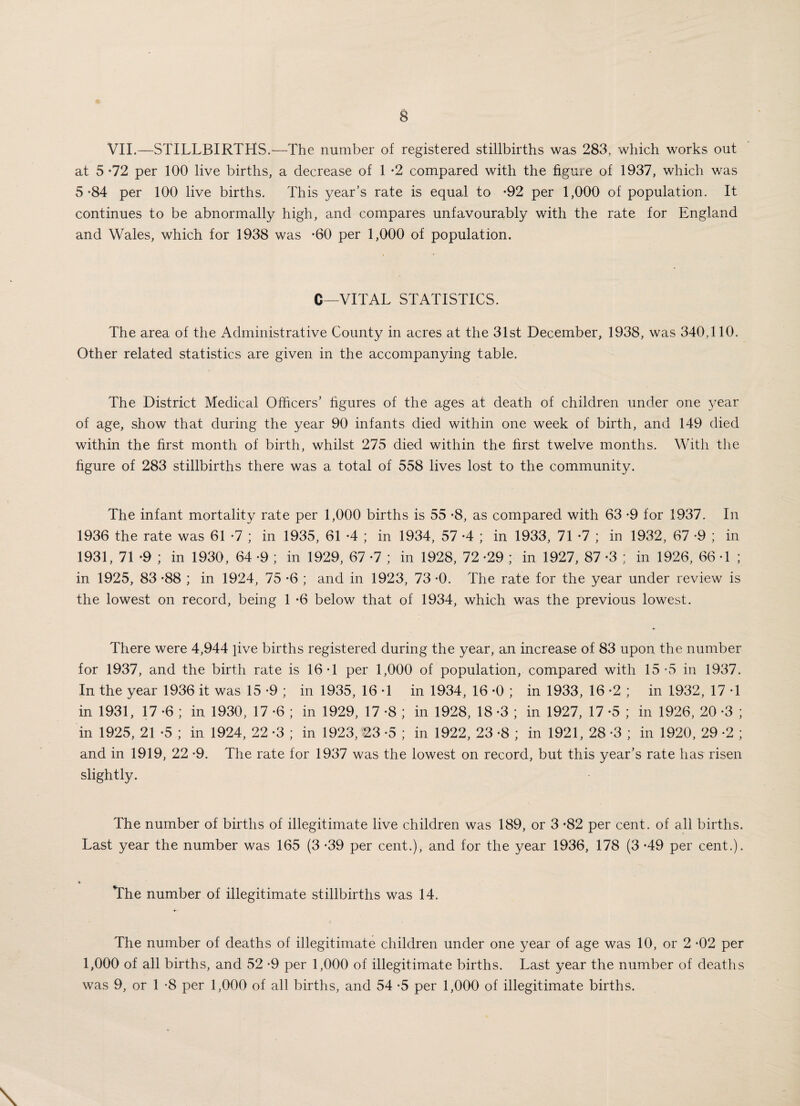 VII.—STILLBIRTHS.—The number of registered stillbirths was 283. which works out at 5*72 per 100 live births, a decrease of 1 '2 compared with the figure of 1937, which was 5-84 per 100 live births. This year’s rate is equal to -92 per 1,000 of population. It continues to be abnormally high, and compares unfavourably with the rate for England and Wales, which for 1938 was -60 per 1,000 of population. C—VITAL STATISTICS. The area of the Administrative County in acres at the 31st December, 1938, was 340.110. Other related statistics are given in the accompanying table. The District Medical Officers’ figures of the ages at death of children under one year of age, show that during the year 90 infants died within one week of birth, and 149 died within the first month of birth, whilst 275 died within the first twelve months. With the figure of 283 stillbirths there was a total of 558 lives lost to the community. The infant mortality rate per 1,000 births is 55 *8, as compared with 63 *9 for 1937. In 1936 the rate was 61 -7 ; in 1935, 61 -4 ; in 1934, 57 *4 ; in 1933, 71 -7 ; in 1932, 67 *9 ; in 1931, 71 -9 ; in 1930, 64 -9 ; in 1929, 67 -7 ; in 1928, 72 -29 ; in 1927, 87 -3 ; in 1926, 66 -1 ; in 1925, 83 -88 ; in 1924, 75 -6 ; and in 1923, 73 -0. The rate for the year under review is the lowest on record, being 1 *6 below that of 1934, which was the previous lowest. There were 4,944 live births registered during the year, an increase of 83 upon the number for 1937, and the birth rate is 16-1 per 1,000 of population, compared with 15-5 in 1937. In the year 1936 it was 15 -9 ; in 1935,16-1 in 1934, 16-0 ; in 1933, 16-2; in 1932, 17-1 in 1931, 17 -6 ; in 1930, 17 -6 ; in 1929, 17 -8 ; in 1928, 18 *3 ; in 1927, 17 -5 ; in 1926, 20 -3 ; in 1925, 21 -5 ; in 1924, 22 -3 ; in 1923, 23 -5 ; in 1922, 23 -8 ; in 1921, 28 -3 ; in 1920, 29 -2 ; and in 1919, 22 -9. The rate for 1937 was the lowest on record, but this year’s rate has risen slightly. The number of births of illegitimate live children was 189, or 3 *82 per cent, of all births. Last year the number was 165 (3 *39 per cent.), and for the year 1936, 178 (3 -49 per cent.). The number of illegitimate stillbirths was 14. The number of deaths of illegitimate children under one year of age was 10, or 2 -02 per 1,000 of all births, and 52 -9 per 1,000 of illegitimate births. Last year the number of deaths was 9, or 1 -8 per 1,000 of all births, and 54 -5 per 1,000 of illegitimate births.