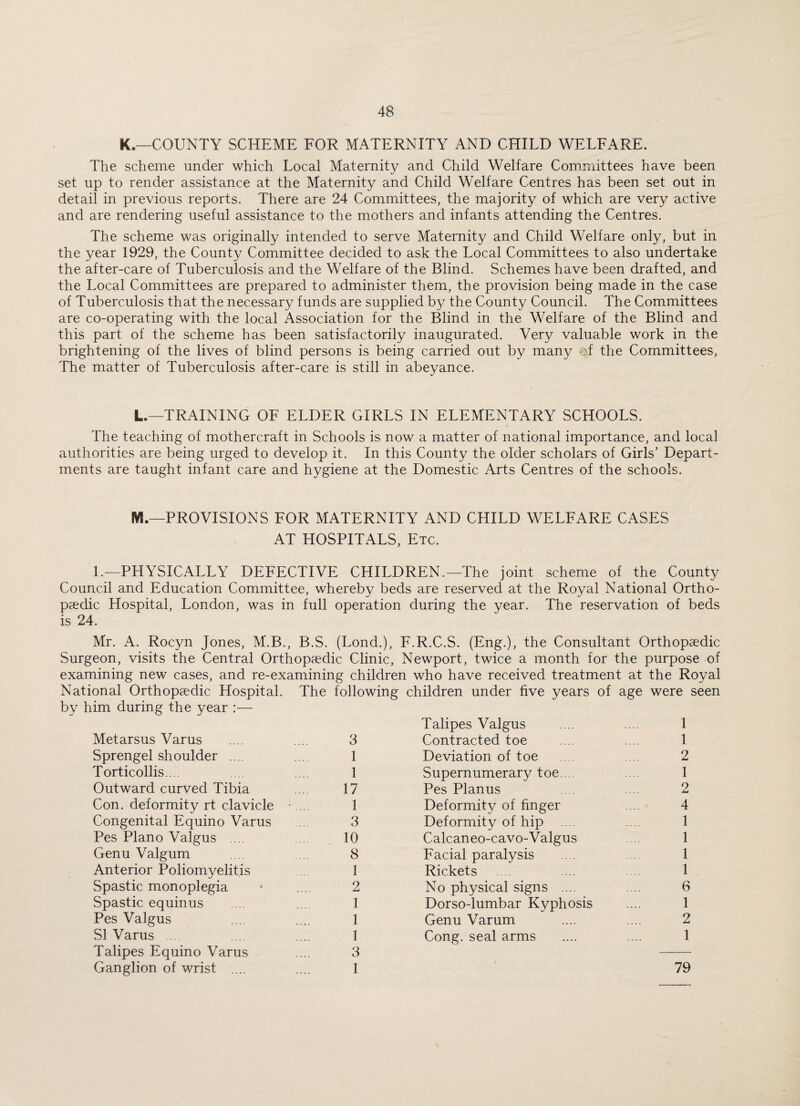 K.—COUNTY SCHEME FOR MATERNITY AND CHILD WELFARE. The scheme under which Local Maternity and Child Welfare Committees have been set up to render assistance at the Maternity and Child Welfare Centres has been set out in detail in previous reports. There are 24 Committees, the majority of which are very active and are rendering useful assistance to the mothers and infants attending the Centres. The scheme was originally intended to serve Maternity and Child Welfare only, but in the year 1929, the County Committee decided to ask the Local Committees to also undertake the after-care of Tuberculosis and the Welfare of the Blind. Schemes have been drafted, and the Local Committees are prepared to administer them, the provision being made in the case of Tuberculosis that the necessary funds are supplied by the County Council. The Committees are co-operating with the local Association for the Blind in the Welfare of the Blind and this part of the scheme has been satisfactorily inaugurated. Very valuable work in the brightening of the lives of blind persons is being carried out by many of the Committees, The matter of Tuberculosis after-care is still in abeyance. L.—TRAINING OF ELDER GIRLS IN ELEMENTARY SCHOOLS. The teaching of mothercraft in Schools is now a matter of national importance, and local authorities are being urged to develop it. In this County the older scholars of Girls’ Depart¬ ments are taught infant care and hygiene at the Domestic Arts Centres of the schools. M.—PROVISIONS FOR MATERNITY AND CHILD WELFARE CASES AT HOSPITALS, Etc. 1.— PHYSICALLY DEFECTIVE CHILDREN.—The joint scheme of the County Council and Education Committee, whereby beds are reserved at the Royal National Ortho¬ paedic Hospital, London, was in full operation during the year. The reservation of beds is 24. Mr. A. Rocyn Jones, M.B., B.S. (Lond.), F.R.C.S. (Eng.), the Consultant Orthopaedic Surgeon, visits the Central Orthopaedic Clinic, Newport, twice a month for the purpose of examining new cases, and re-examining children who have received treatment at the Royal National Orthopaedic Hospital. The following children under five years of age were seen by him during the year :— Metarsus Varus .... .... 3 Sprengel shoulder .... .... 1 Torticollis.... .... .... 1 Outward curved Tibia .... 17 Con. deformity rt clavicle 1 Congenital Equino Varus .... 3 Pes Plano Valgus .... .... 10 Genu Valgum .... ... 8 Anterior Poliomyelitis .... 1 Spastic monoplegia • .... 2 Spastic equinus .... ... 1 Pes Valgus .... .... 1 SI Varus .... .... .... 1 Talipes Equino Varus .... 3 Ganglion of wrist .... .... 1 Talipes Valgus .... .... 1 Contracted toe ... .... 1 Deviation of toe .... 2 Supernumerary toe... .... 1 Pes Planus .... .... 2 Deformity of finger .... 4 Deformity of hip .... ... 1 Calcaneo-cavo-Valgus .... 1 Facial paralysis .... 1 Rickets .... ... 1 No physical signs .... .... 6 Dorso-lumbar Kyphosis .... 1 Genu Varum .... .... 2 Cong, seal arms .... .... 1 79