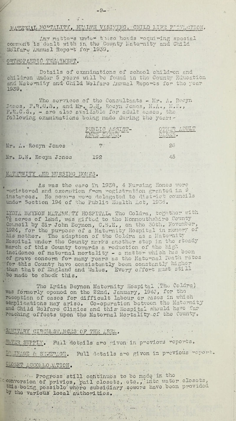 -9 M ATERIIAI. .MORTALITY, Any nab!:o'ns comment ‘is do nit with •Wodfaru Annual Report ■ OgTgQPAEDI C TT^ATMENT HEALTH VISITING-, ■/CHILD LIFE P~ INACTION undo^ tie so bonds -^oq.ui^ing special in. tho County Lietoymity and Child for .1939, Dotails of examinations of school children end children under 5 yoors will bo found in tho County Education and Maternity and’ Child Welfare hiriual Reports for tho year 1939. - Tho sorvicoo of tho Consultants - Mr, A* Rocyn J on os , F t R. C # 3 •, and Mr D rMj> Rocyn J on o s, M „ A,, M. P., F.RcC.S., ~ aro also available for adult oases, the following examinations being made during; tho. year: -' ’ PUBLIC ASSIST- ■OTHER ANCE' CASES. cases Mr., A, Rocyn Jones 7*.' 26 Mr. D.N, Rocyn Jonos 192 45 MATERNITY .AID NURSING HOMES, t As was tho easo in 1938, 4 Nursing Homos wore ■ogi stored and exemption from ^ogistrntion granted in 9 instances. No powers wo^o delegated to district councils under Section 194 of tho Public Health Act, 1936, LYDIA BEYNON MATEBN: TY HOSPITAL*,” Tho Coldra, together with acres of land, was gifted to tho Monmouthshire County Council by Sir John Boynon, C.B.E., on tho 30th, November^ 1924, for tho purpose of a Maternity Hospital in memory of his mother. The adaption of the Coldra as a Matomity Hospital under tho County marks another stop in the steady march of this County towards a reduction of tho high incidonco of maternal mortality - a matter which bas^ oocn of grave concorn for many years as tho Maternal. Ibatn rates '•for this County havo consistently boon constantly higher than that of England and Wales. Every effort must still bo made to chock this. Tho Lydia Boynon Maternity Hospital xTho Coldra) wa3 formerly oponod on tho 22nd, January, 1940, for the rocopticn of eases for difficult labour or cases in which complications may arisoe Co-operation botween tho Maternity and Child Wolf are’ Clinics and this- Hos.pXtal should have far ro&ching effects upon tho Maternal Mortality-ocf the County. ' SANITARY CIR'CuLST,JJCES-of the area, yA'j'ER SUPPLY. Full- dotails aro wivon- in previous . ’* . i ’••*** *' * ’ l-1 .IMAGE c.z SEWERAGE, Pull dotails a-c given in p reports, •^evious port. NT ACCOMMODATION. ' Progross still continues to be made in the : conversion'Of privies,'‘pail closetp, -etc,into water closets, Mriia boihg. possible-’ v/horo subsidiary-sowers have .been provided by tho various local' author!tlos. ... ..